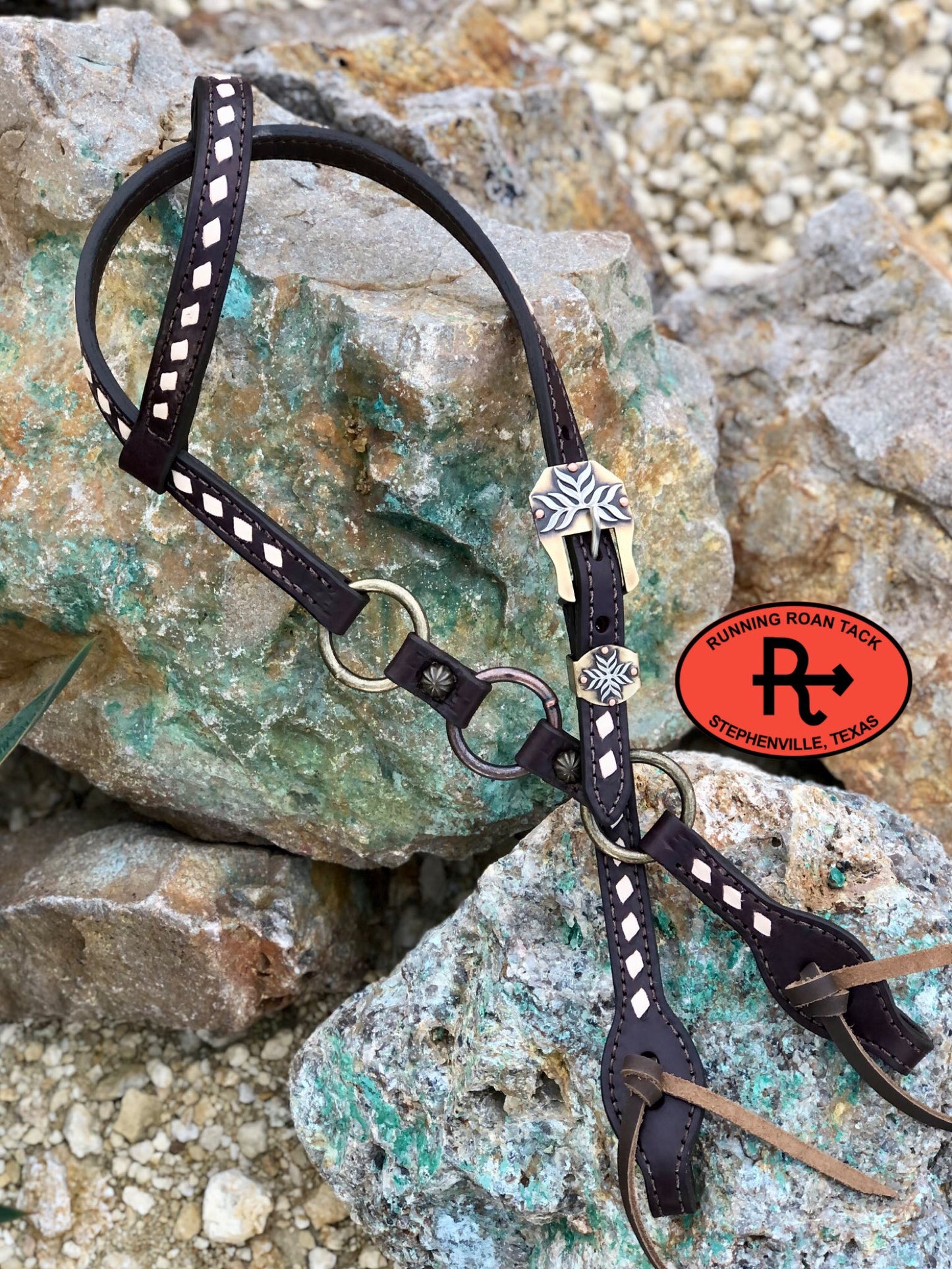 Single Ear Ring Headstall with White Buckstitch and German Silver Buckle 38"-42" Headstall11032025-05