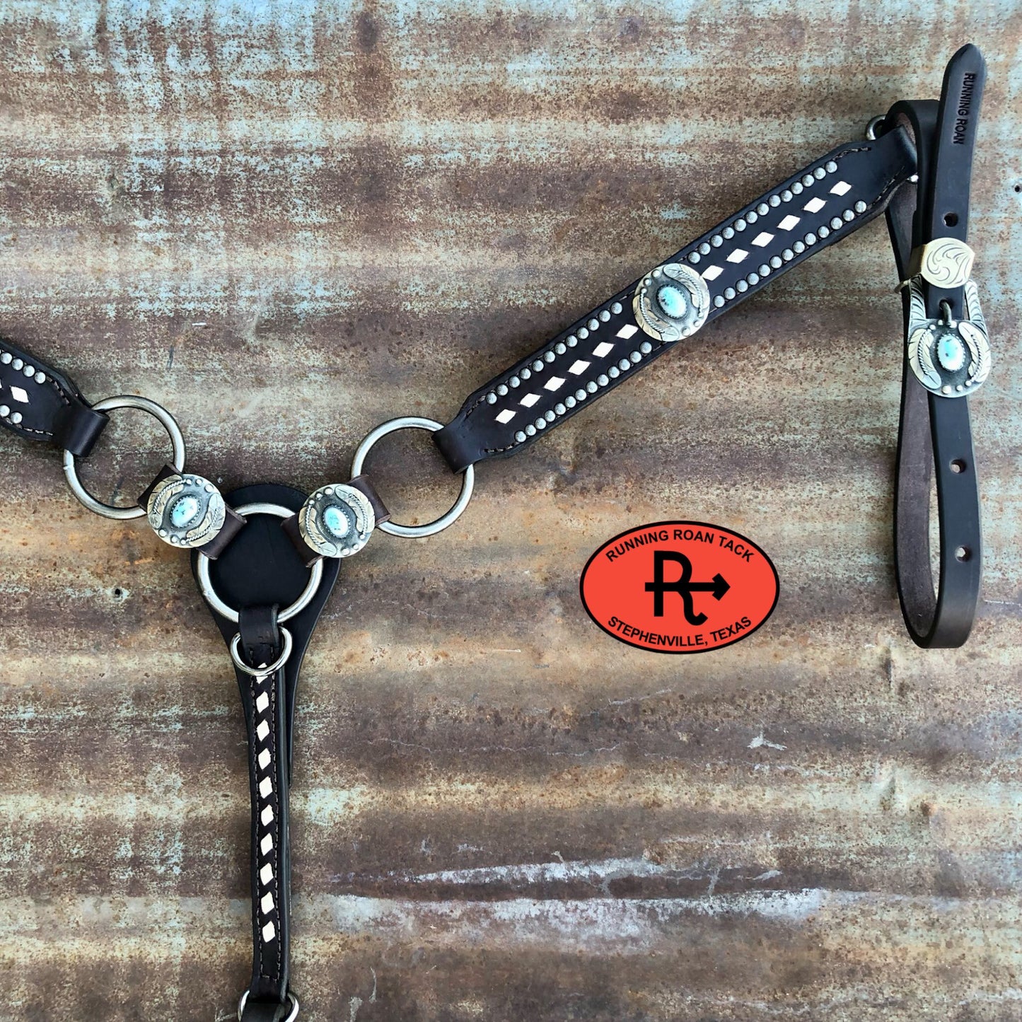 Ring Breast Collar with White Buckstitch and German Silver Turquoise Conchos Breastcollar12012025-01