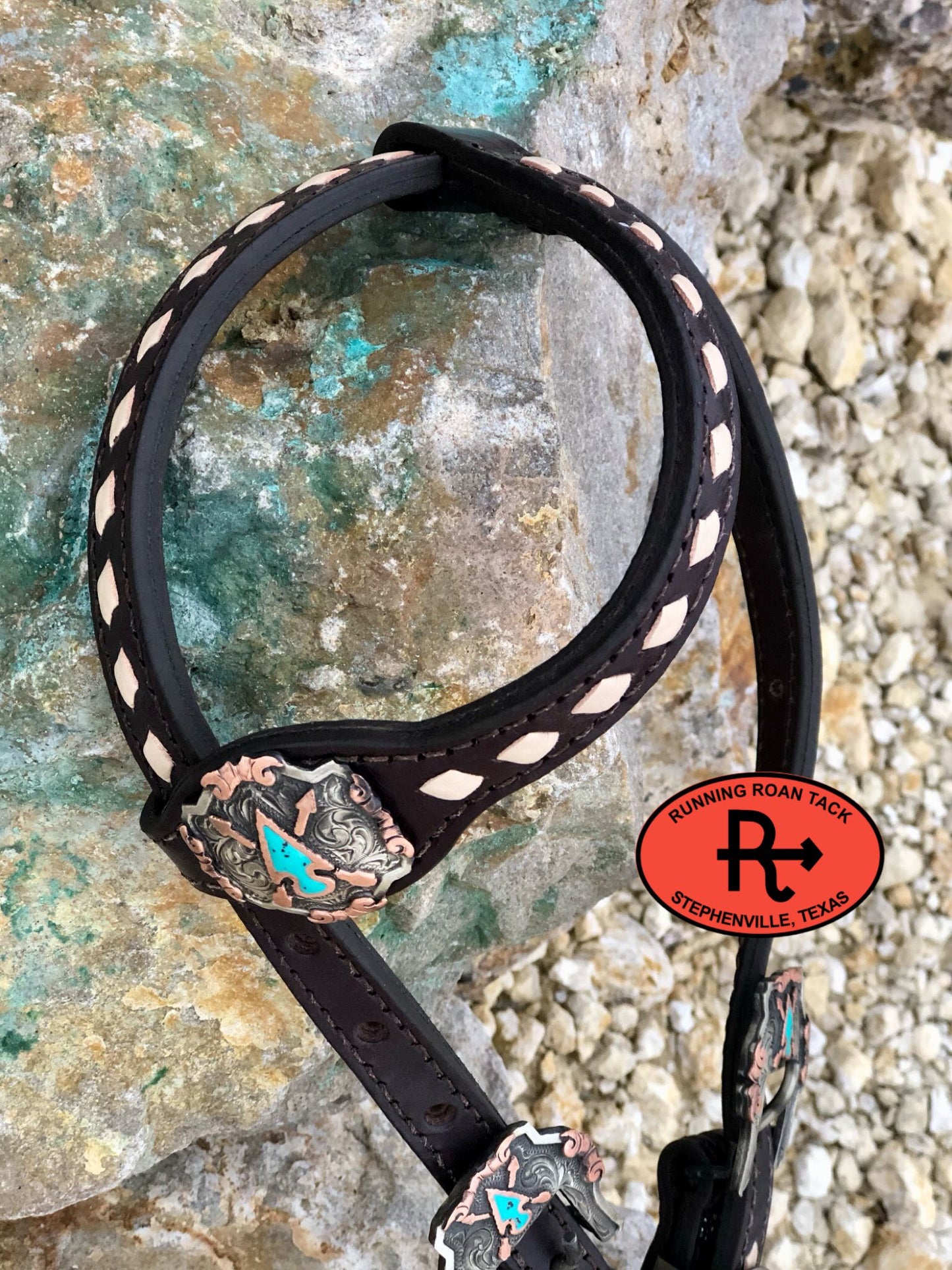 White Buckstitch Single Ear Short Gag Headstall with German Silver Arrowhead Hardware 29"-37" Headstall12012025-05