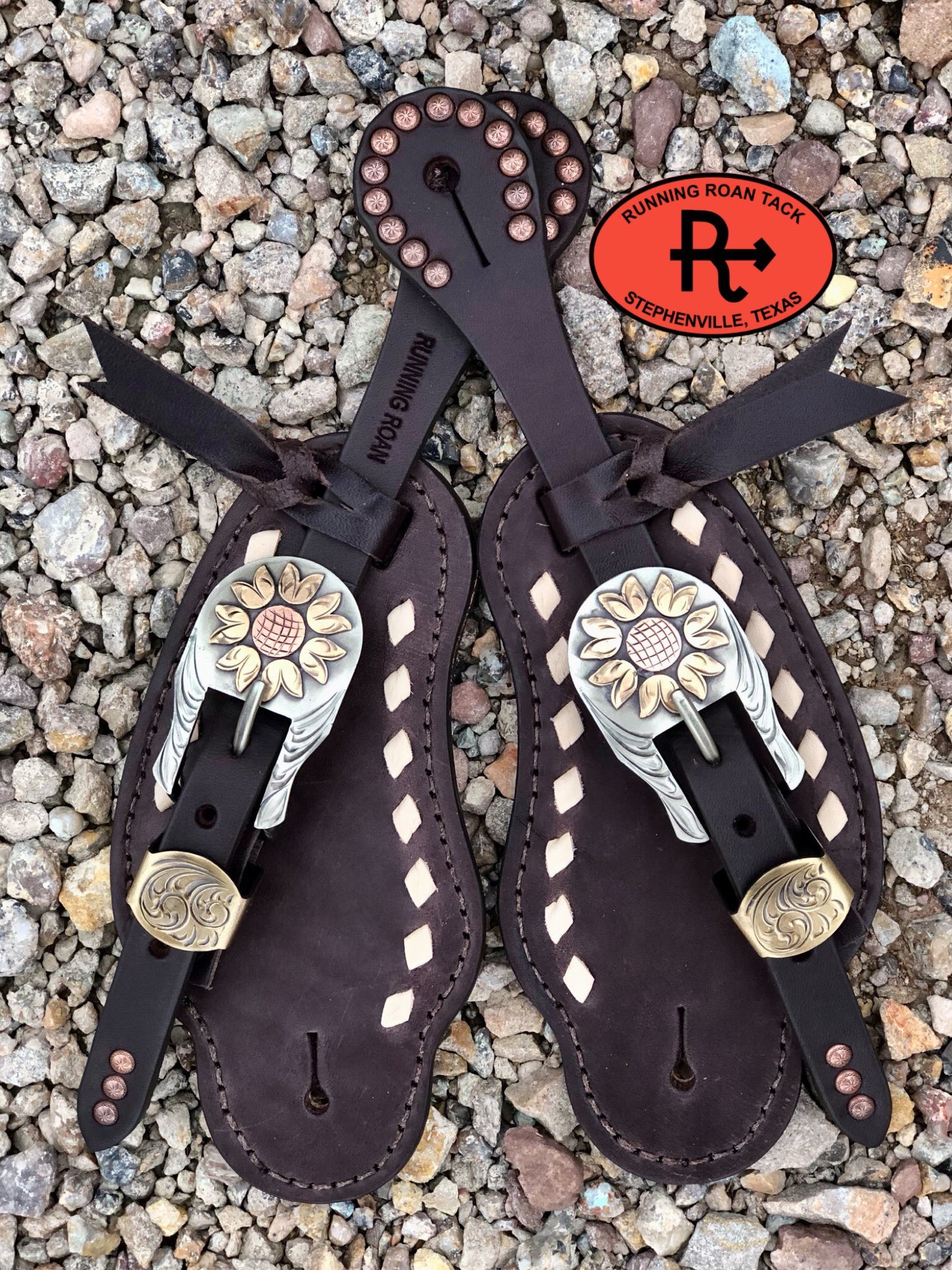 White Buckstitch Buckaroo Spur Straps with German Silver Floral Buckles spurstraps12012025-02