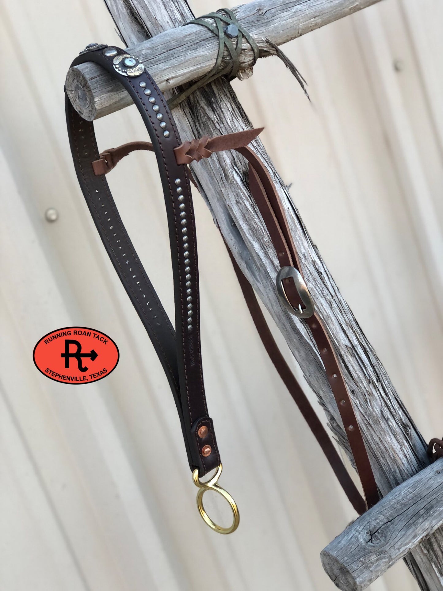 Tiedown Noseband with Three German Silver Feather Conchos and Antique Silver Dots Tiedown12012025-05