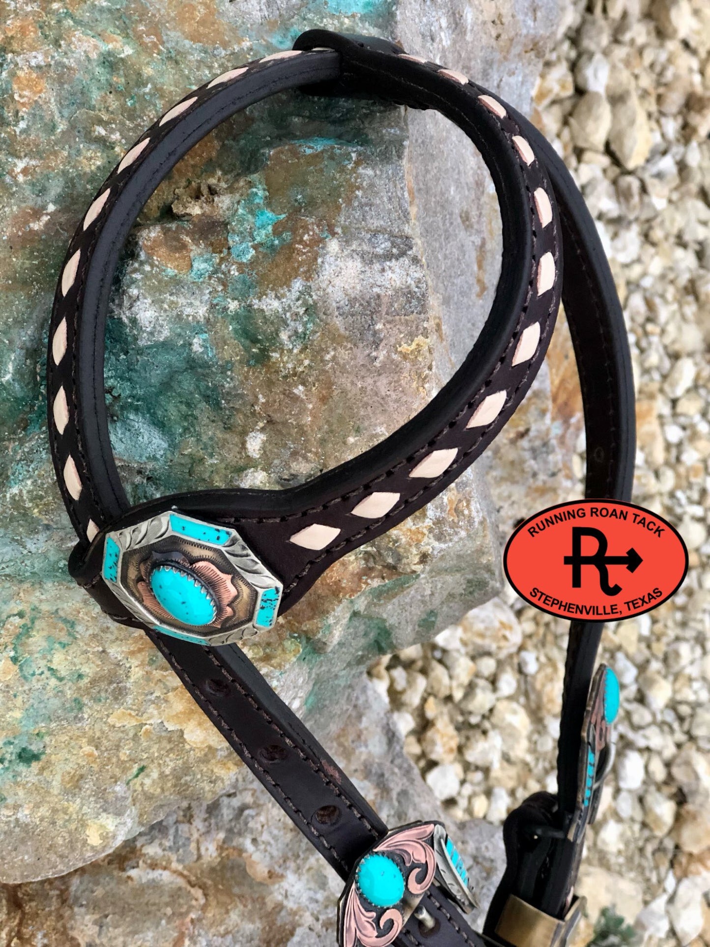 White Buckstitch Single Ear Short Gag Headstall with German Silver Flowers 29"-37" Headstall12012025-03