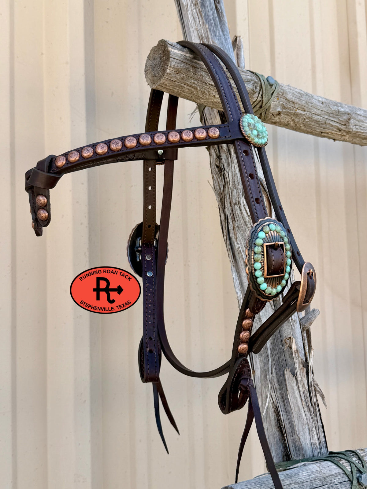 Chocolate Short Cheek Futurity Knot Headstall with Quick Change Pineapple Knots and Turquoise Stone Hardware 29”-37” Headstall10052026-11