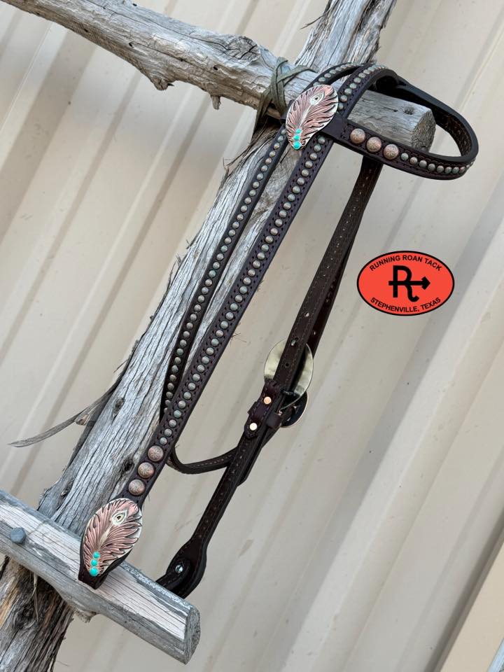Single Ear Headstall with Throatlatch, Peacock Feather Hardware and Copper Patina Dots 39"-43" Headstall03022026-02