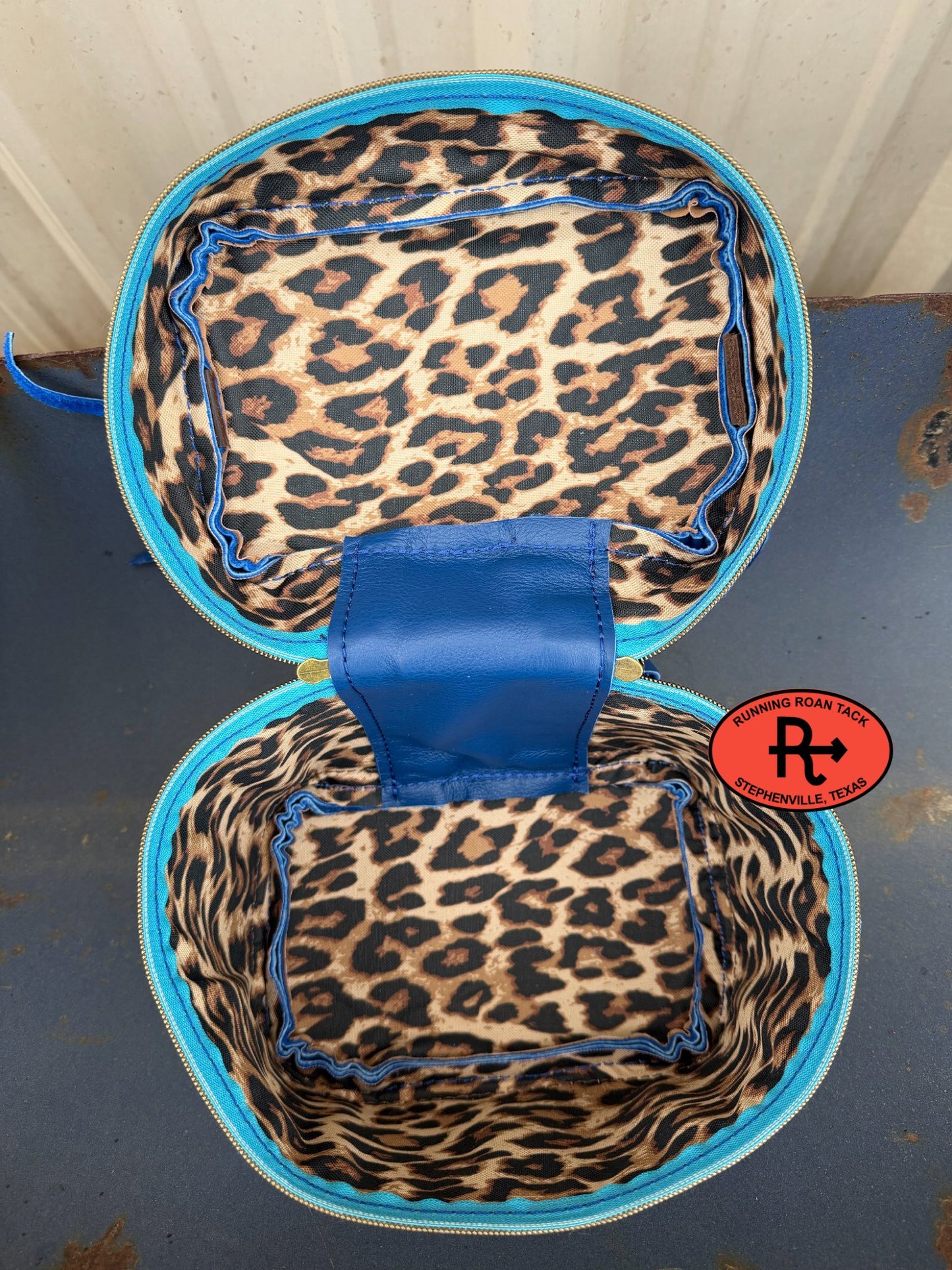 Royal Blue Leather with Trailhead Blue Wool Train Case for Makeup, Toiletries, etc