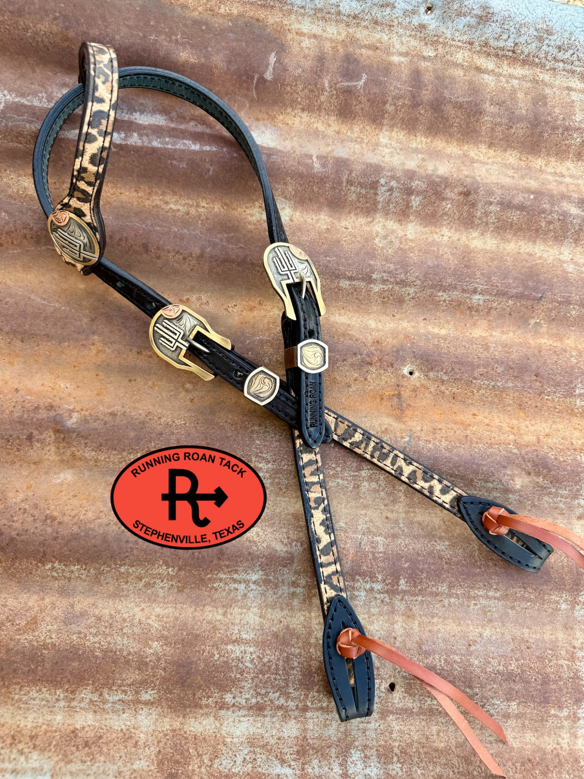 Black Leopard Headstall with Quick Change Pineapple Knots and German Silver Cactus Hardware 36”-43” Headstall09072026-07