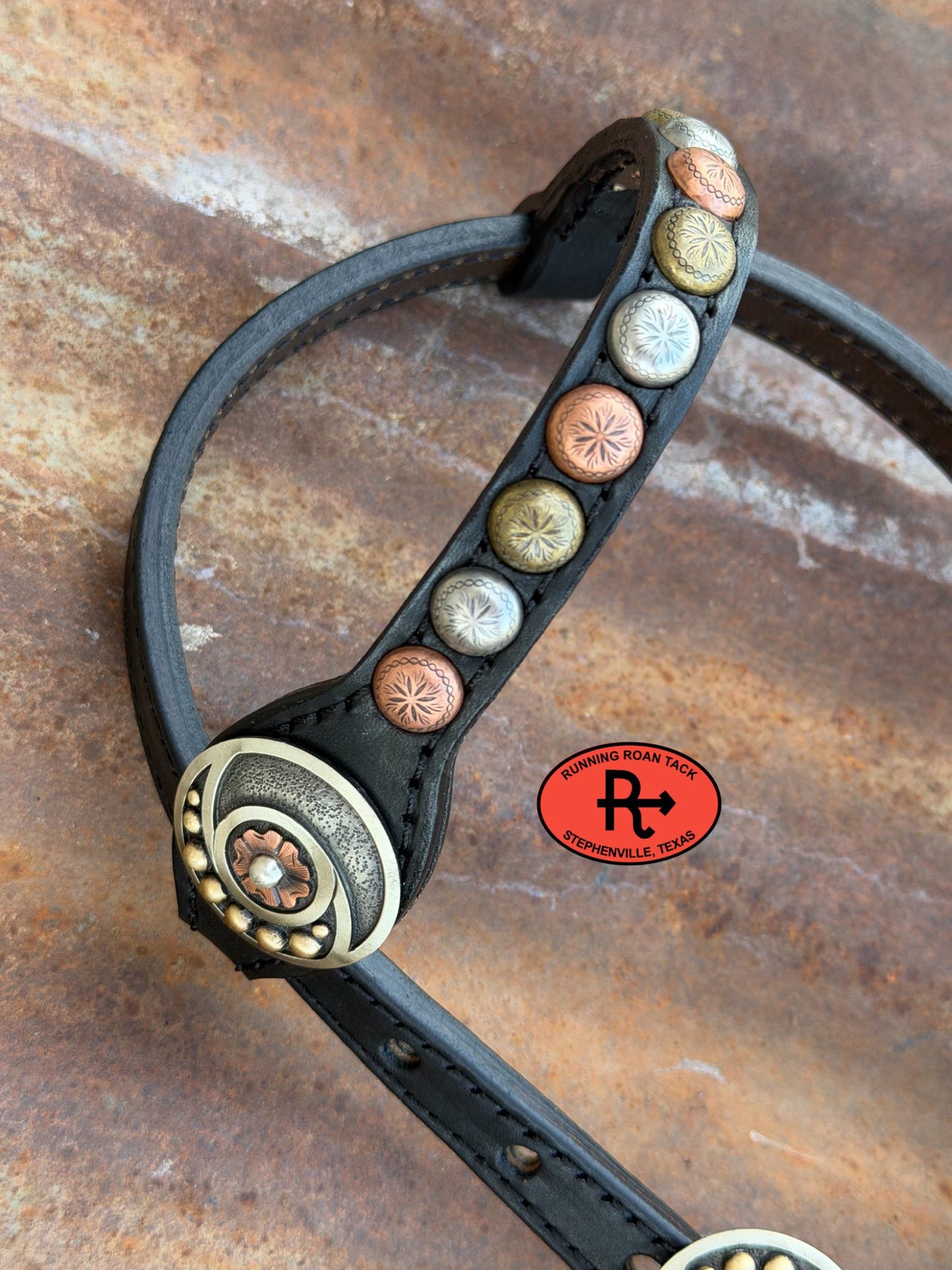 Black Leather Headstall with Black Quick Change Pineapple Knots and German Silver Hardware 29"-37" Headstall05042026-06