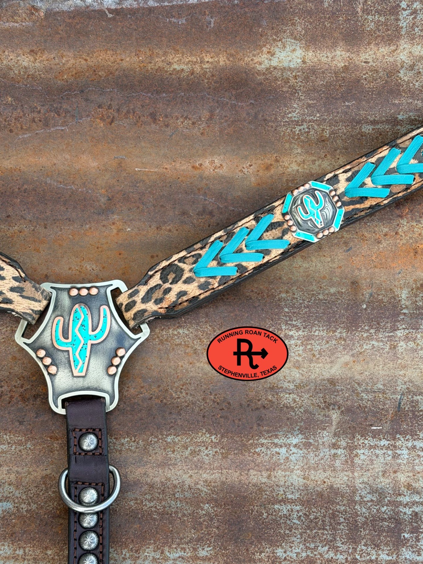 Leopard Breast Collar with Turquoise Lacing and German Silver Cactus Hardware Breastcollar05042026-08