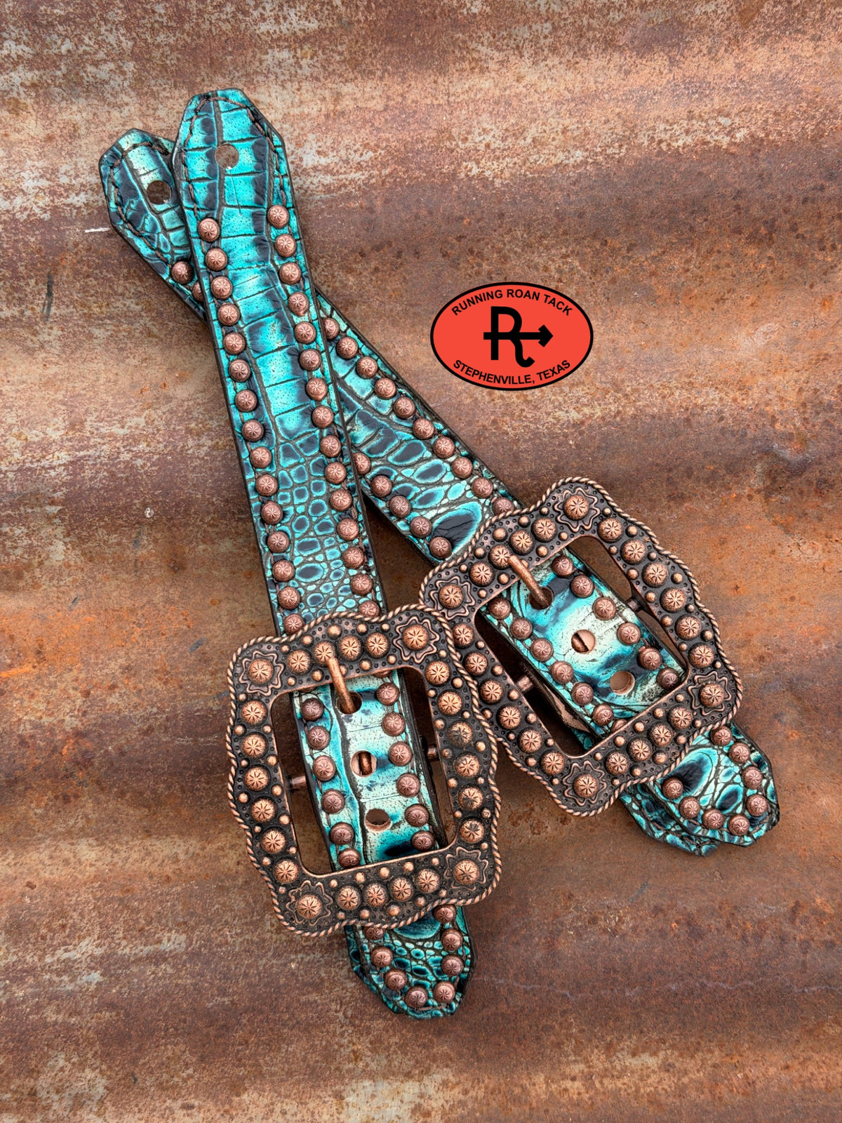 Turquoise Croc Belt Style Spur Straps with Copper Buckles spurstraps09072026-05