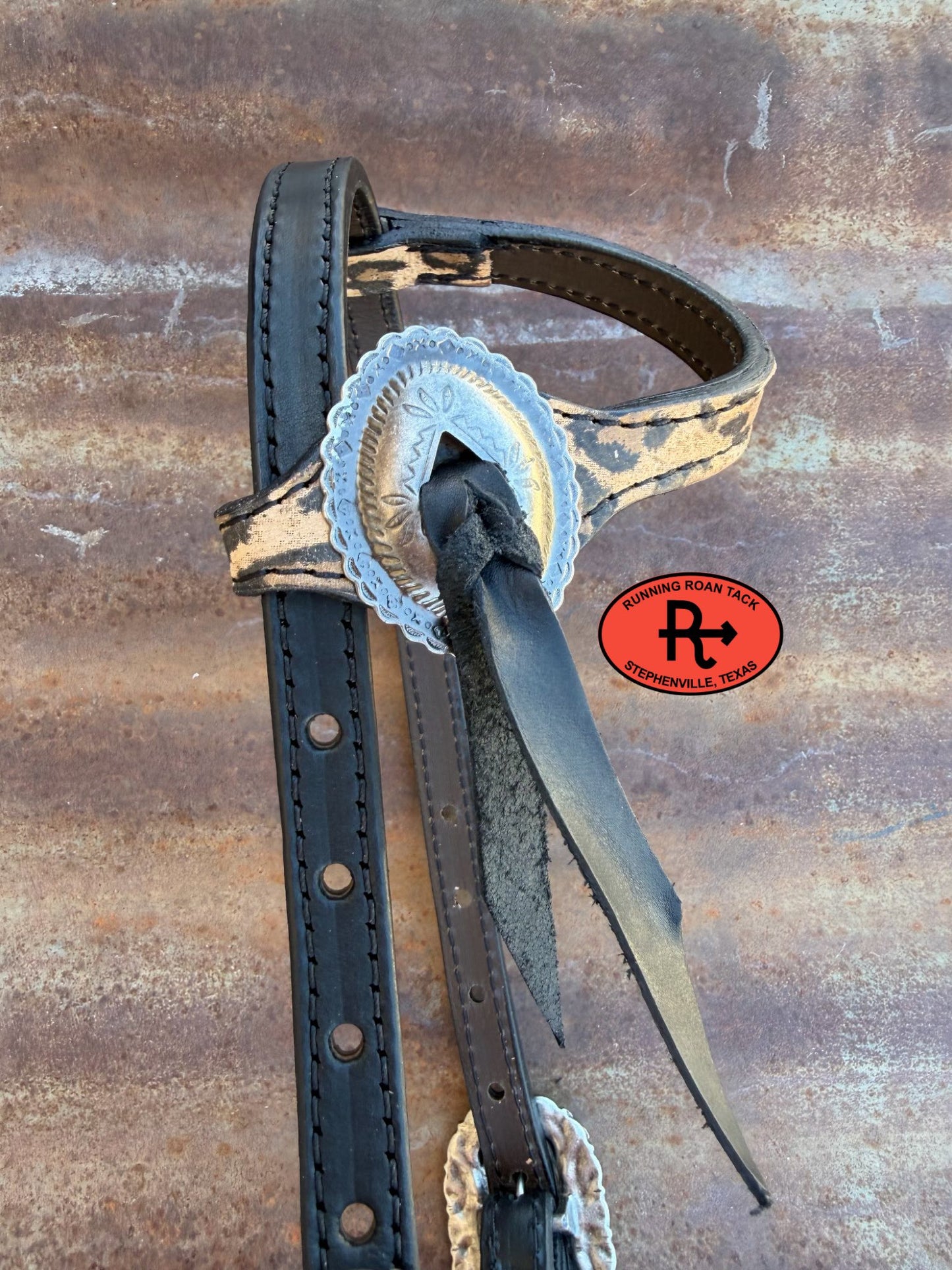 Black Leather Leopard Headstall with Black Quick Change Pineapple Knots and Slotted Concho 29"-37" Headstall06012026-06