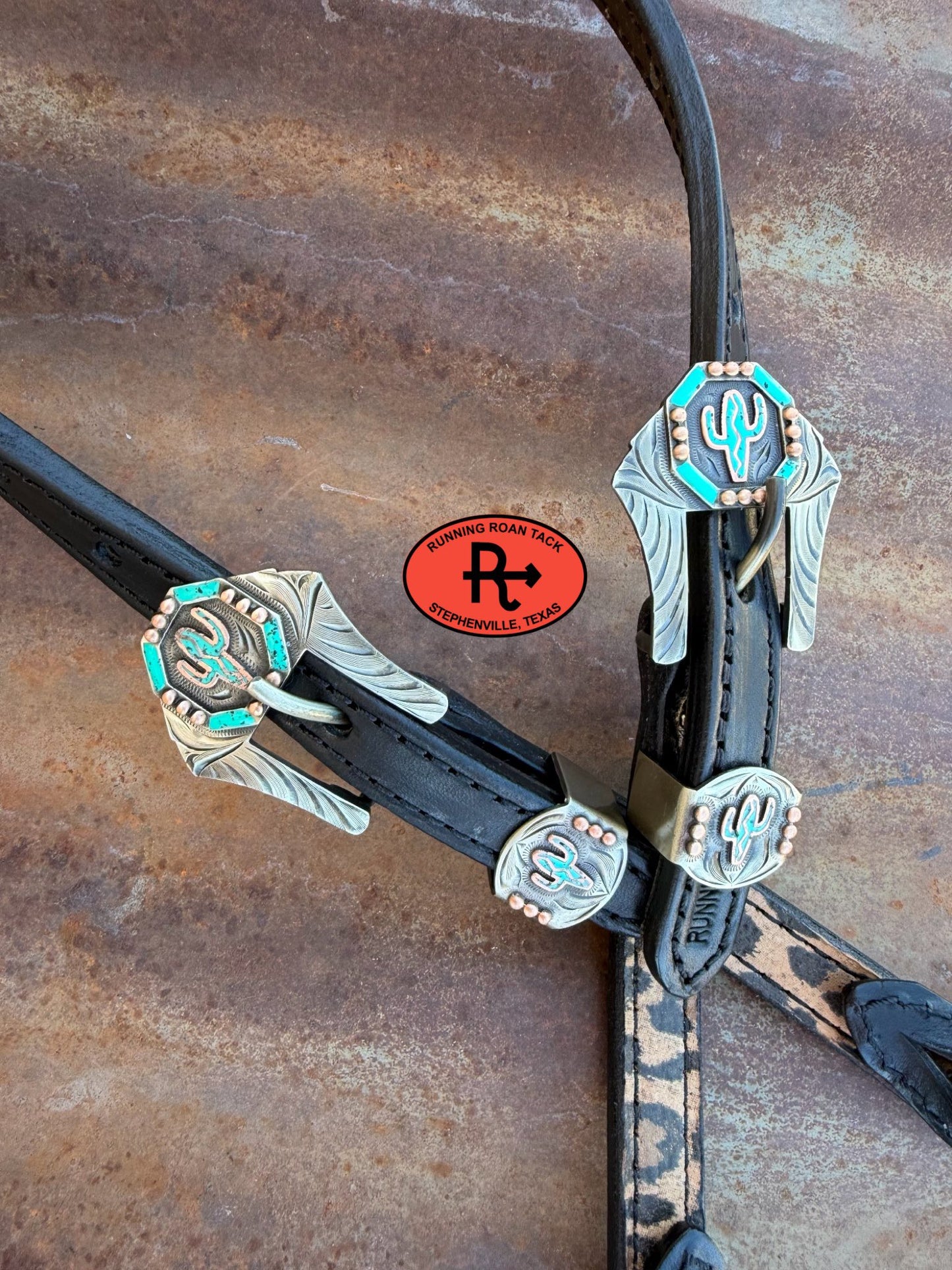 Black Leather Leopard Headstall with Black Quick Change Pineapple Knots and German Silver Turquoise Cactus Hardware 29"-37" Headstall06012026-05