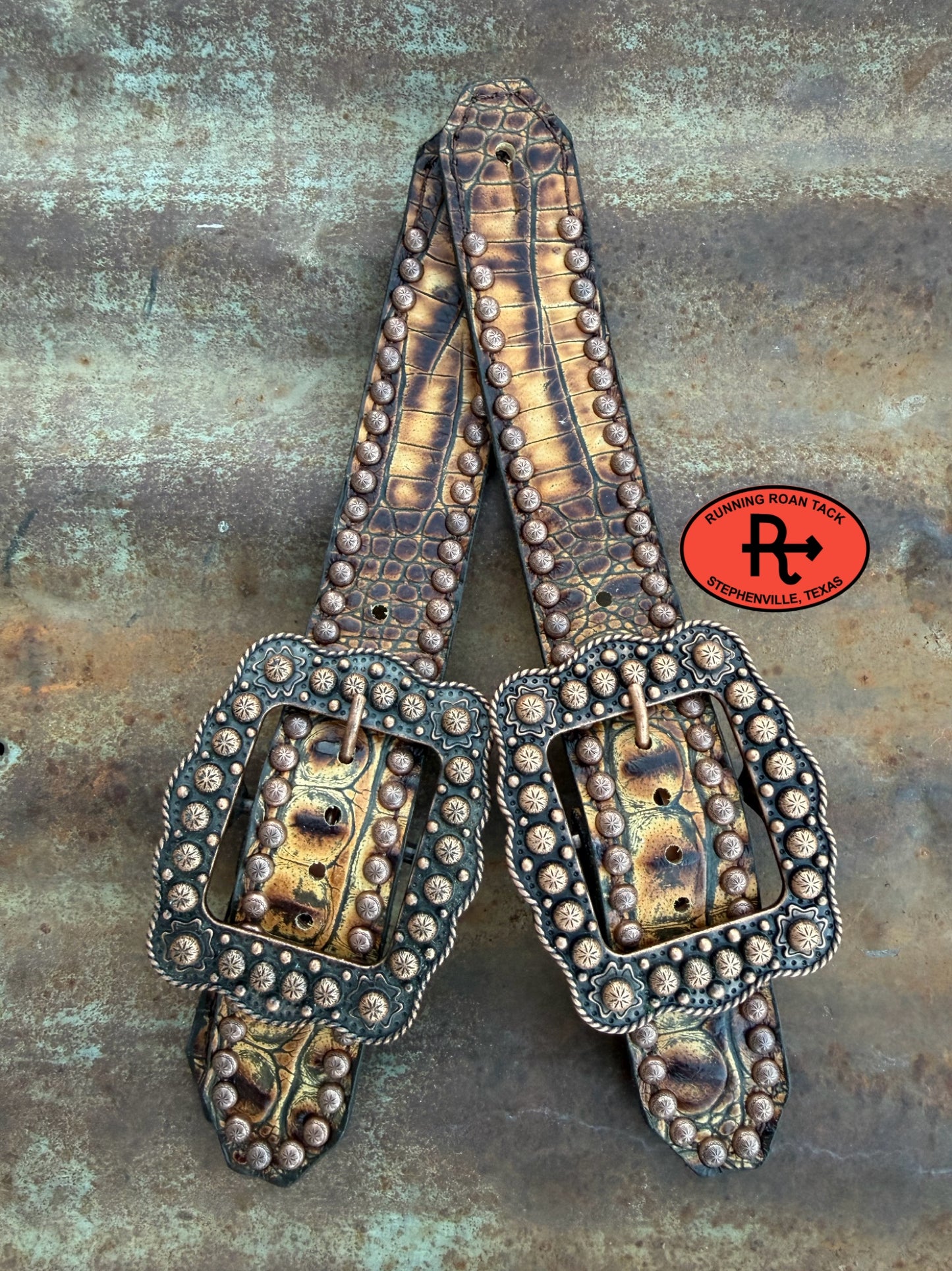 Sepia Croc Belt Style Spur Straps with Copper Buckles spurstraps08032026-10