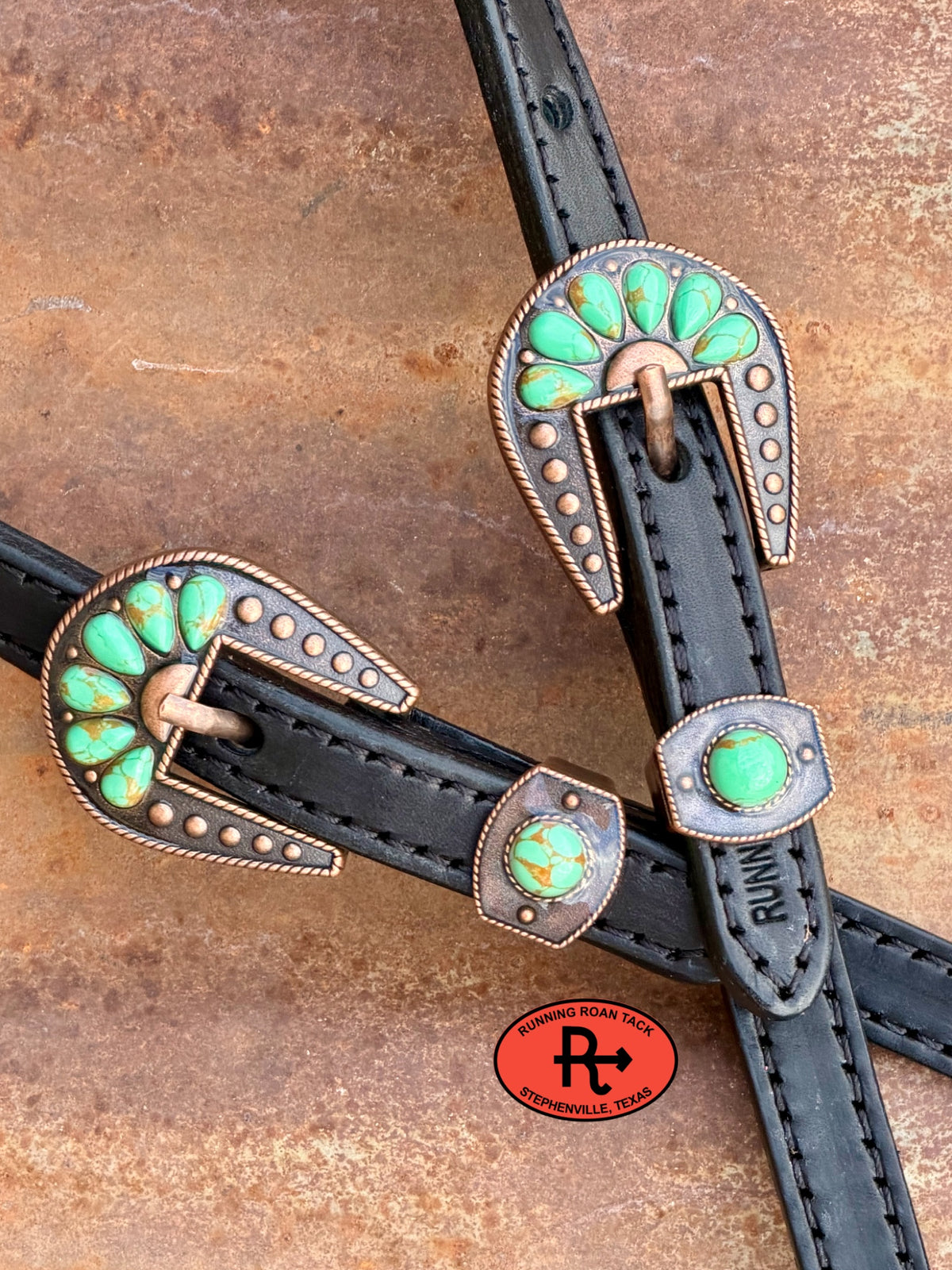 Black Short Cheek Single Ear Headstall with Quick Change Pineapple Knots and Minty Green Cabochon Hardware 29”-37” Headstall10052026-16