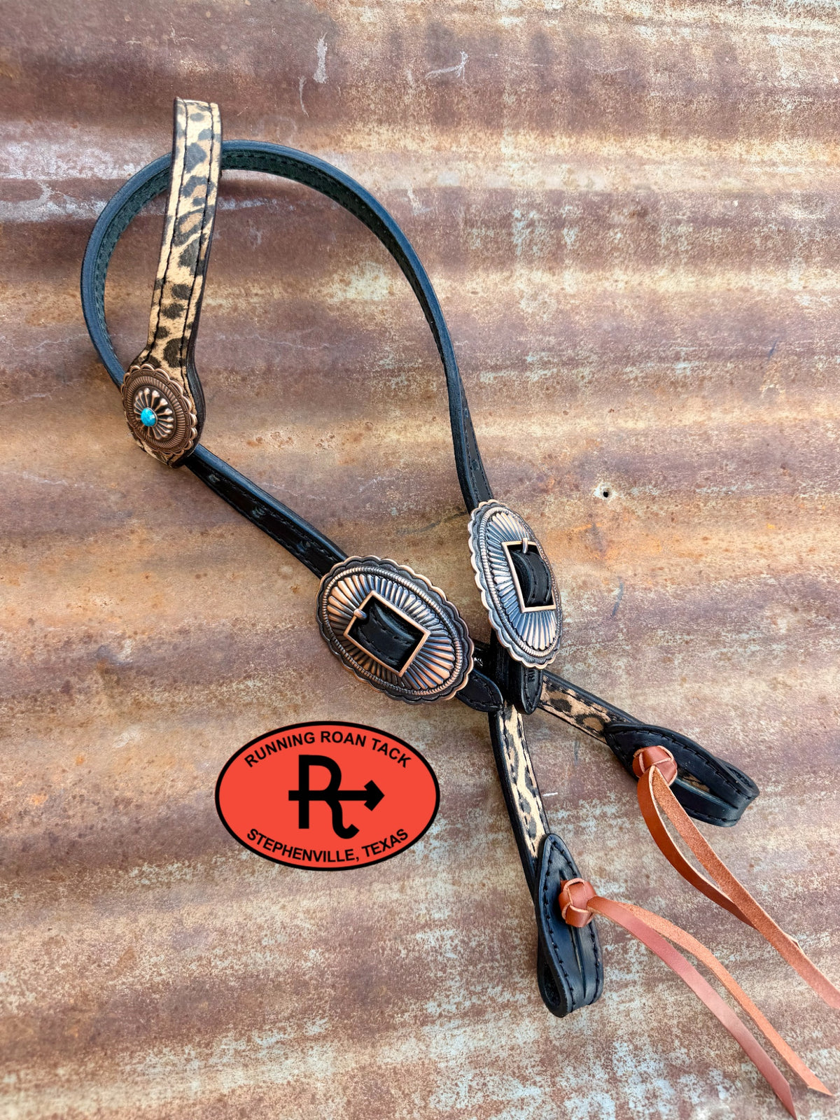 Black Leopard Short Cheek Headstall with Quick Change Pineapple Knots and Southwest Hardware 29”-37” Headstall09072026-09