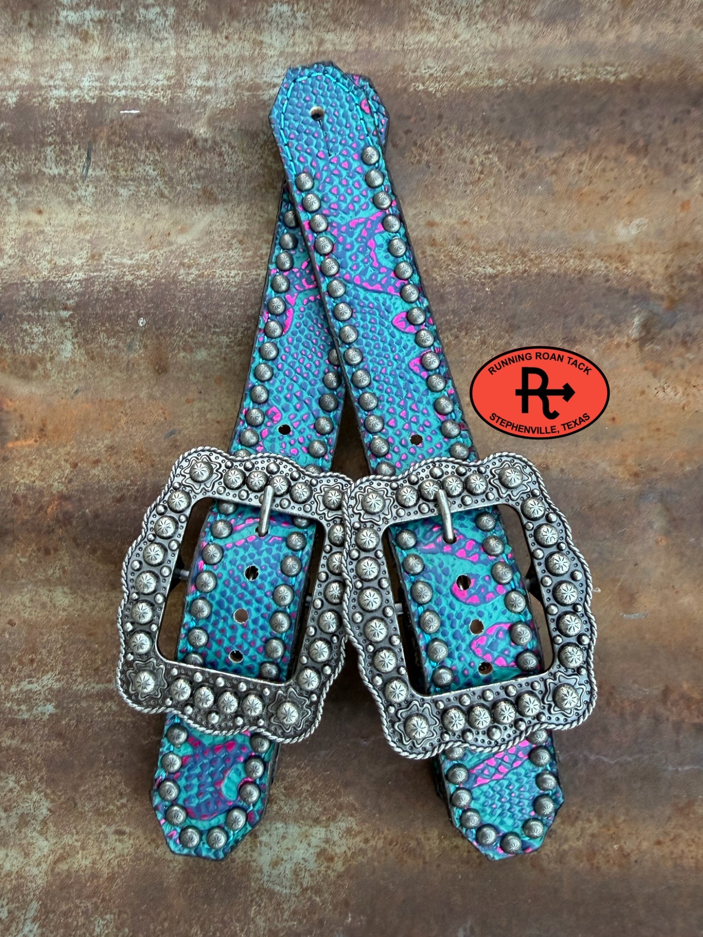 Turquoise and Pink Croc Belt Style Spur Straps with Antique Silver Buckles spurstraps08032026-13