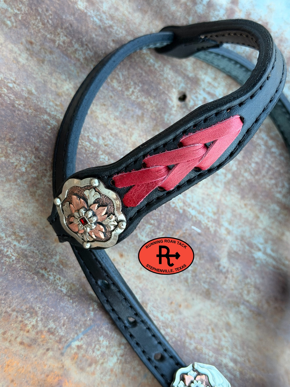 Black Short Cheek Headstall with Red Lacing and German Silver Ruby Hardware 29”-37” Headstall10052026-09