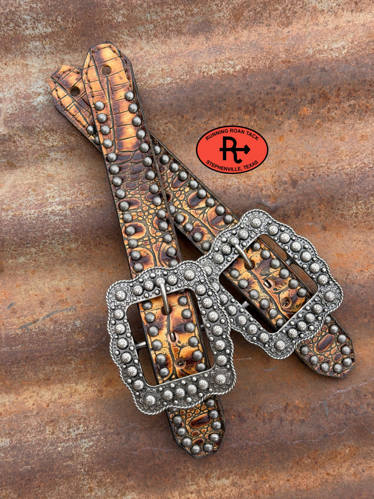 Sepia Croc Belt Style Spur Straps with Antique Silver Buckles spurstraps09072026-03