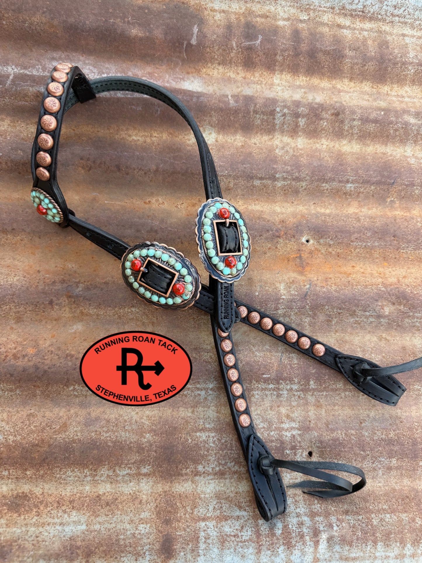 Black Headstall with Quick Change Pineapple Knots and Turquoise and Coral Hardware 36”-43” Headstall09072026-06