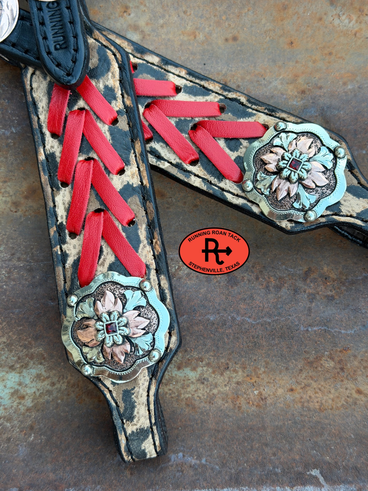 Black Leopard Short Cheek Headstall with Red Lacing and German Silver Hardware 29”-37” Headstall10052026-06