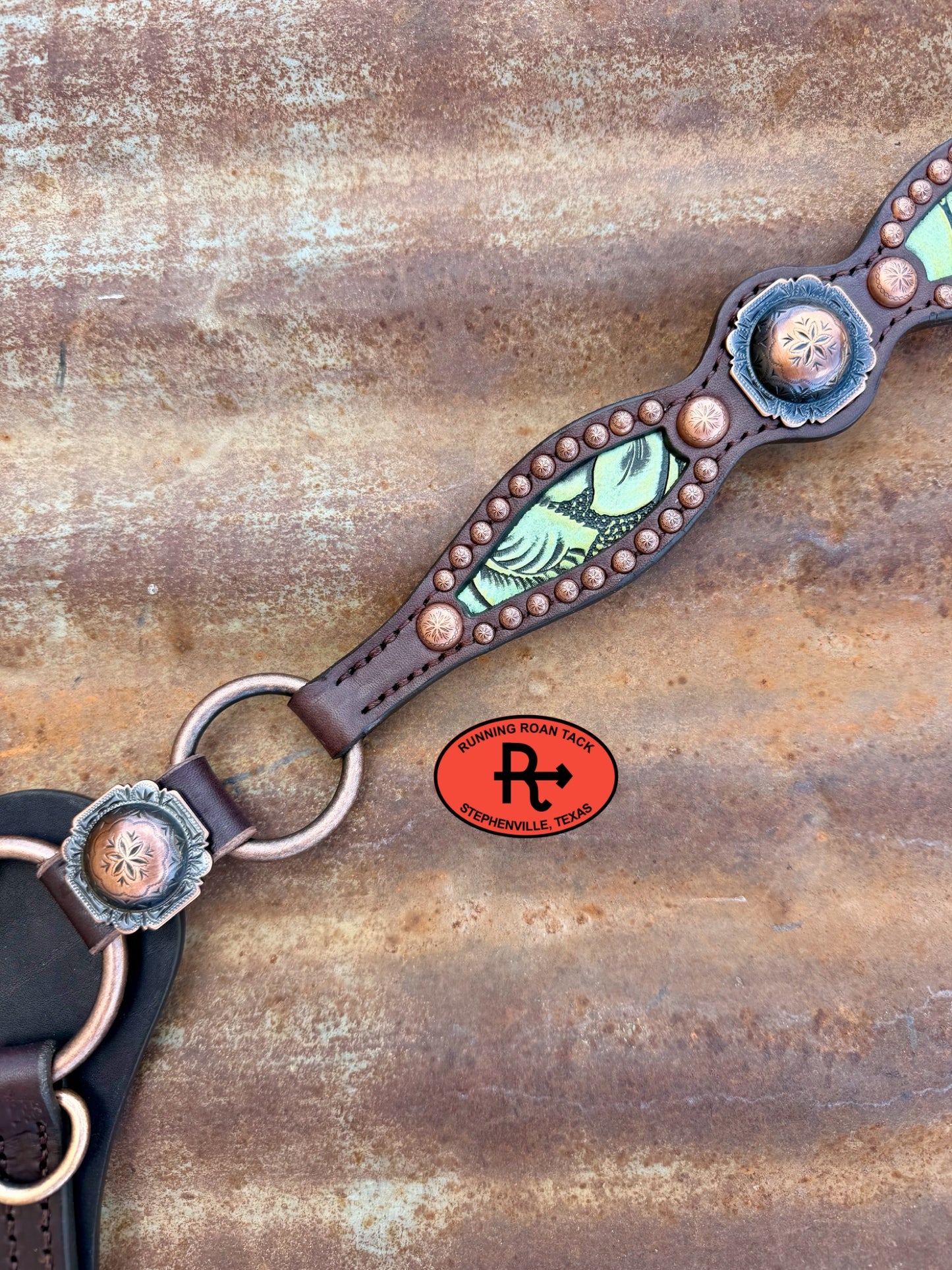 Ring Breast Collar with Inlaid Mint Rose Embossed Leather and Copper Conchos Breastcollar07062026-09
