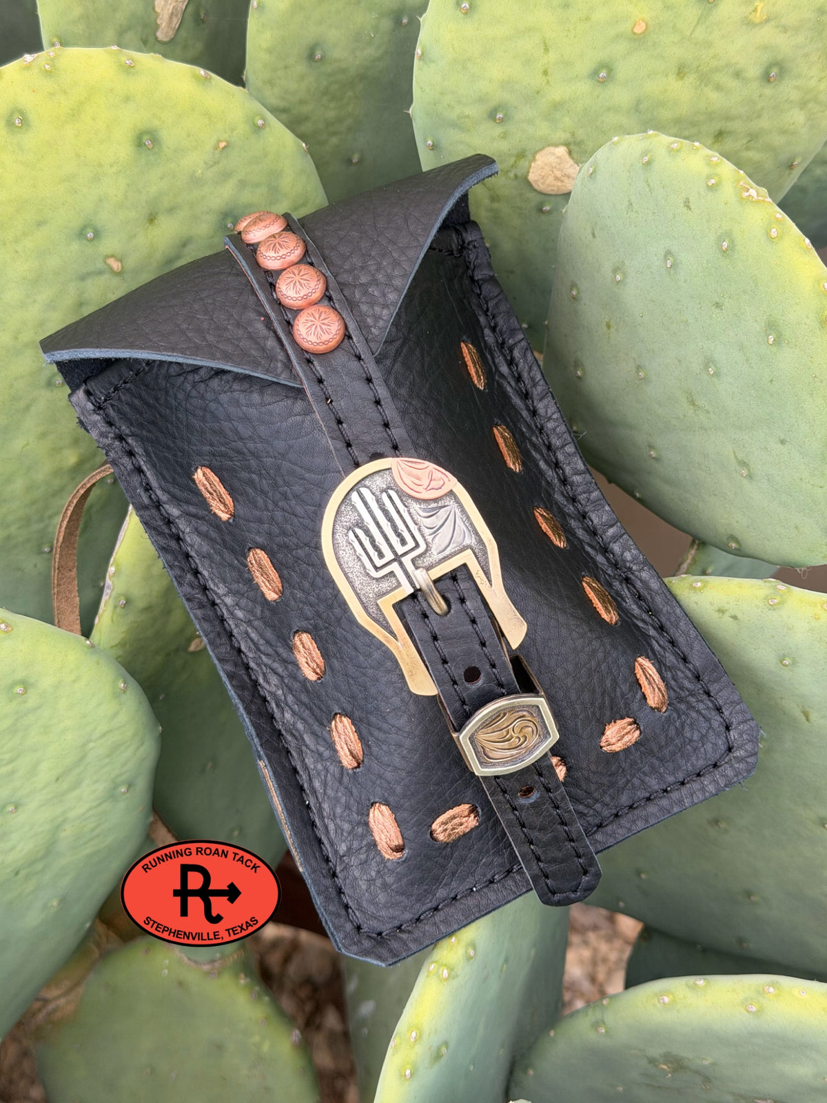 Black Leather Mini Saddle Bag with Bronze Pop Sitch and Cactus German Silver Buckle for Phone, Keys, Roping Powder, etc Minibag09072026-01