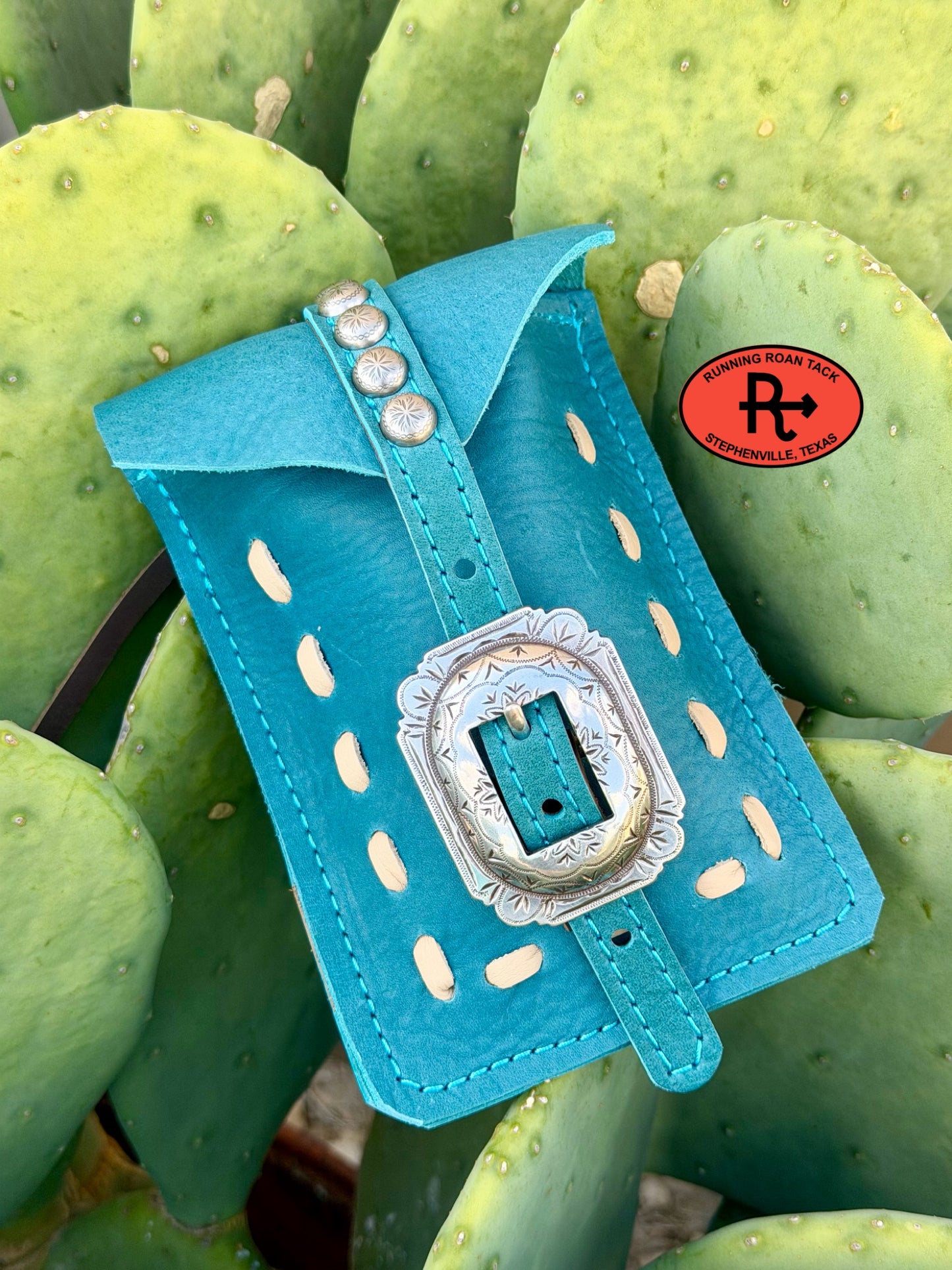 Turquoise Leather Mini Saddle Bag with Off White Pop Stitch and Antique Silver Buckle for Phone, Keys, Roping Powder, etc Minibag09072026-26