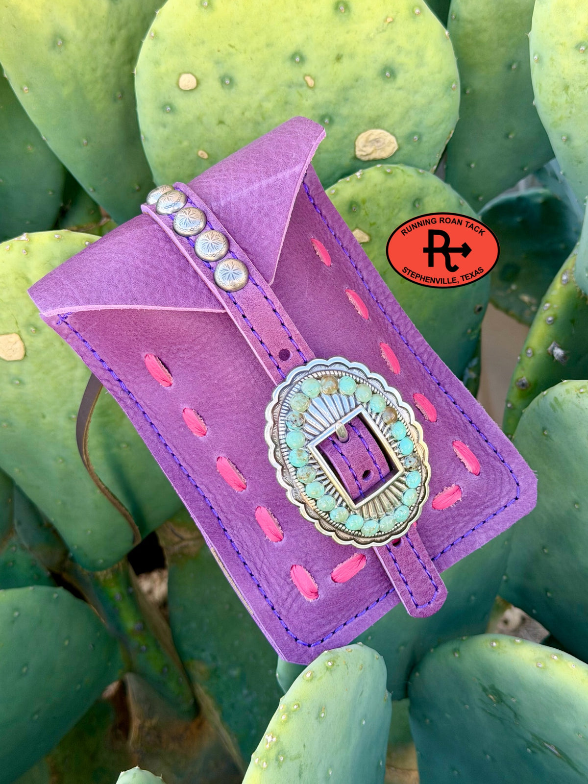 Purple Leather Mini Saddle Bag with Pink Pop Stitch and Turquoise Stone Buckle for Phone, Keys, Roping Powder, etc Minibag09072026-17