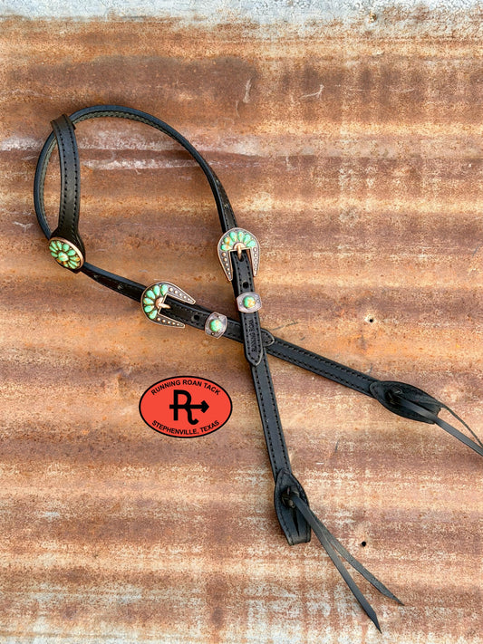 Black Single Ear Headstall with Quick Change Pineapple Knots and Minty Green Cabochon Hardware 36”-43” Headstall10052026-18