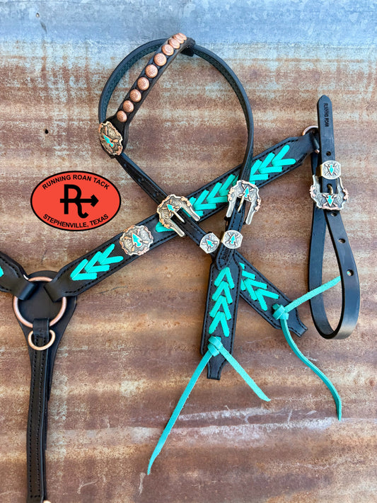Black Tack Set with Turquoise Lacing and German Silver Arrow Hardware *Buy one piece or both pieces* Set09072026-06