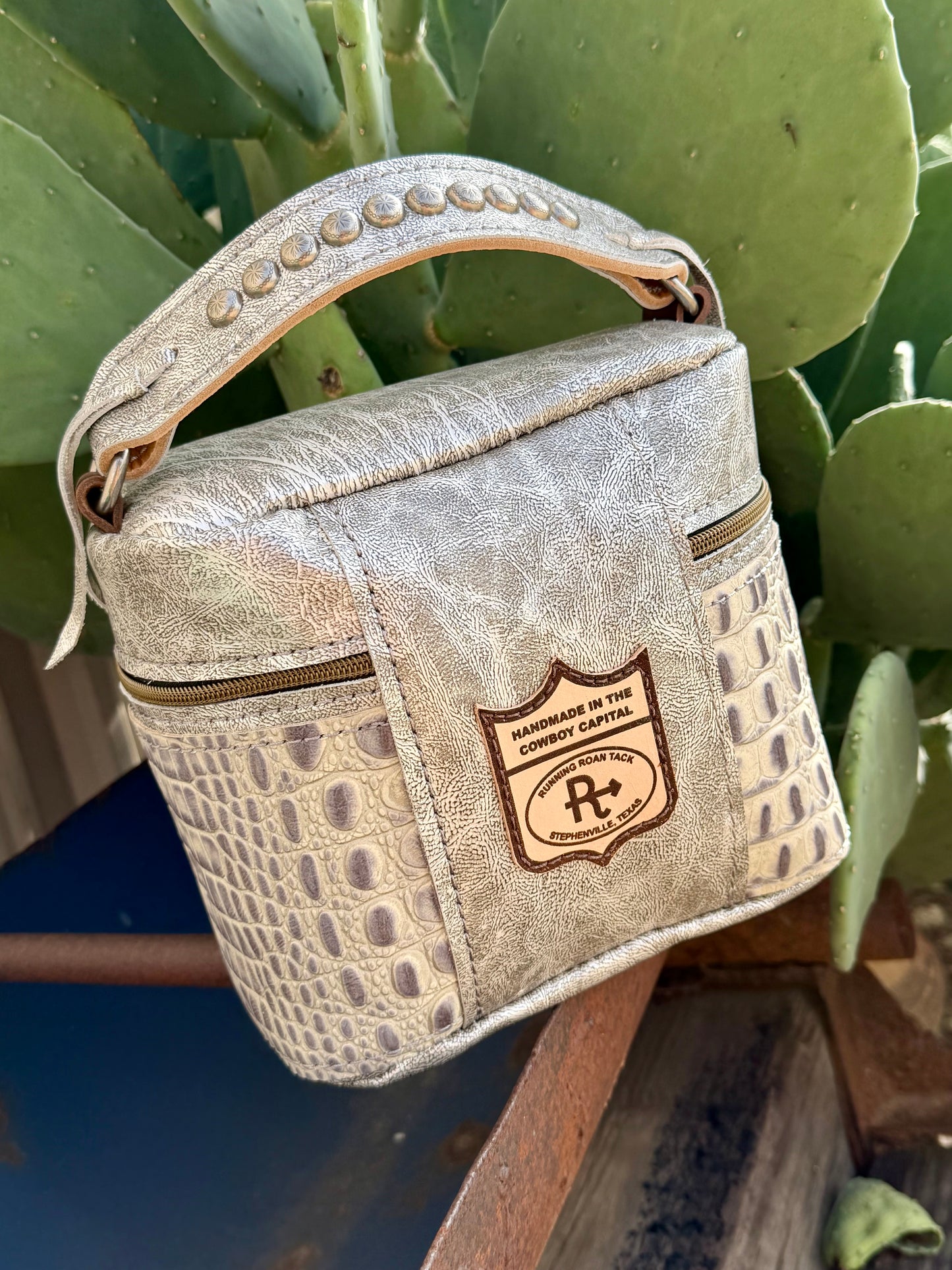 Metallic Silver Leather with Grey Croc Train Case for Makeup, Toiletries, etc traincase07062026-29