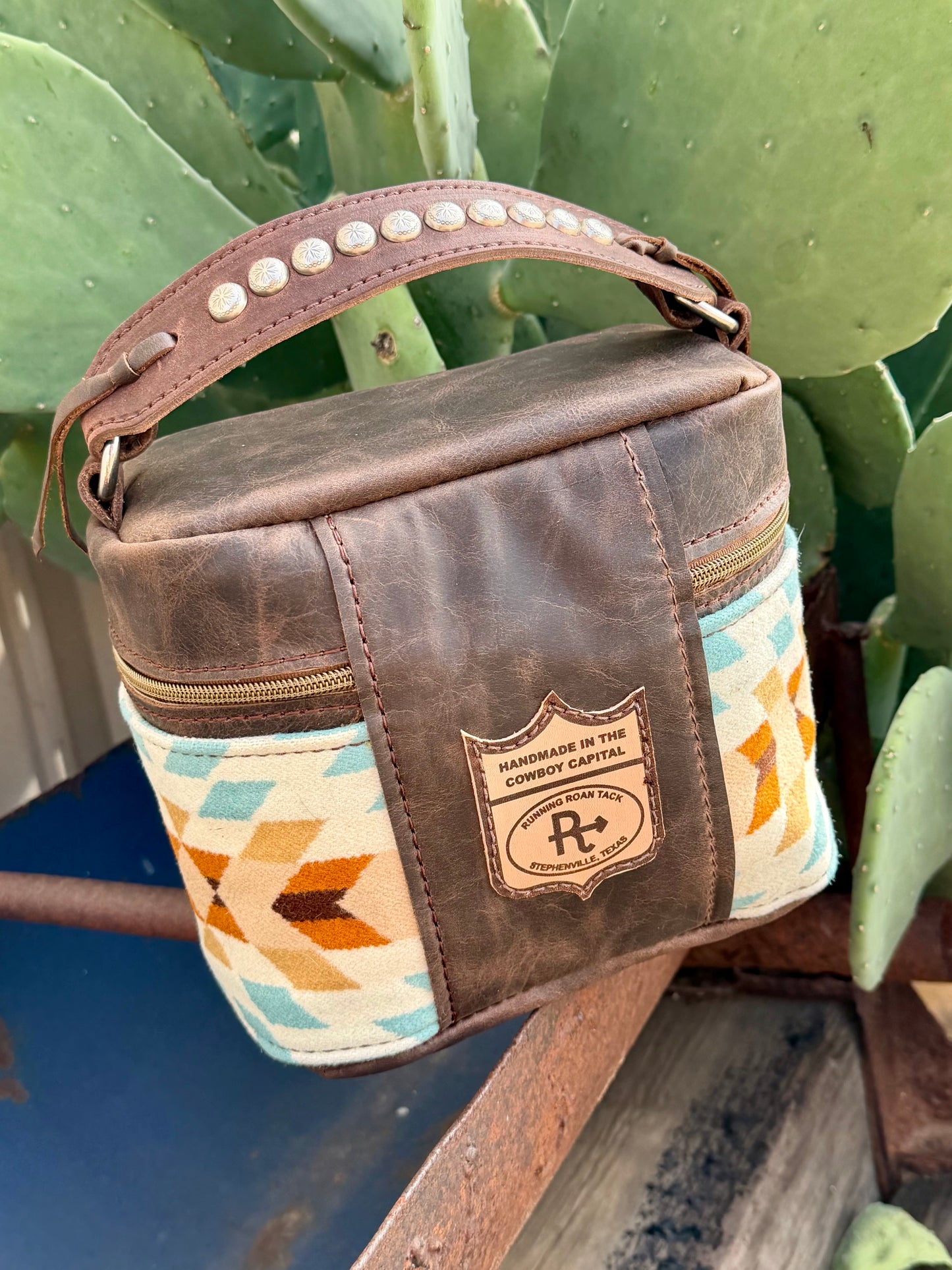 Brown Leather with Rancho Arroyo Aqua Wool Train Case for Makeup, Toiletries, etc traincase07062026-09