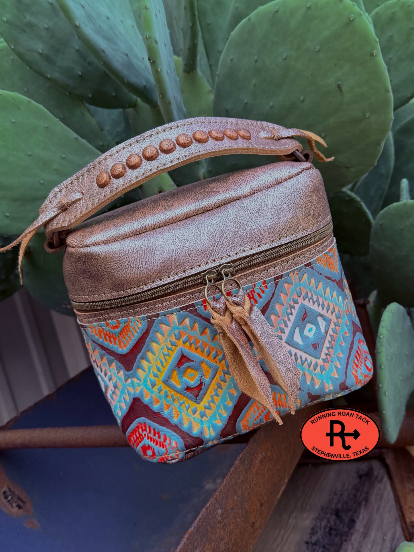 Metallic Copper Leather with Colorful Southwest Train Case for Makeup, Toiletries, etc traincase07062026-27