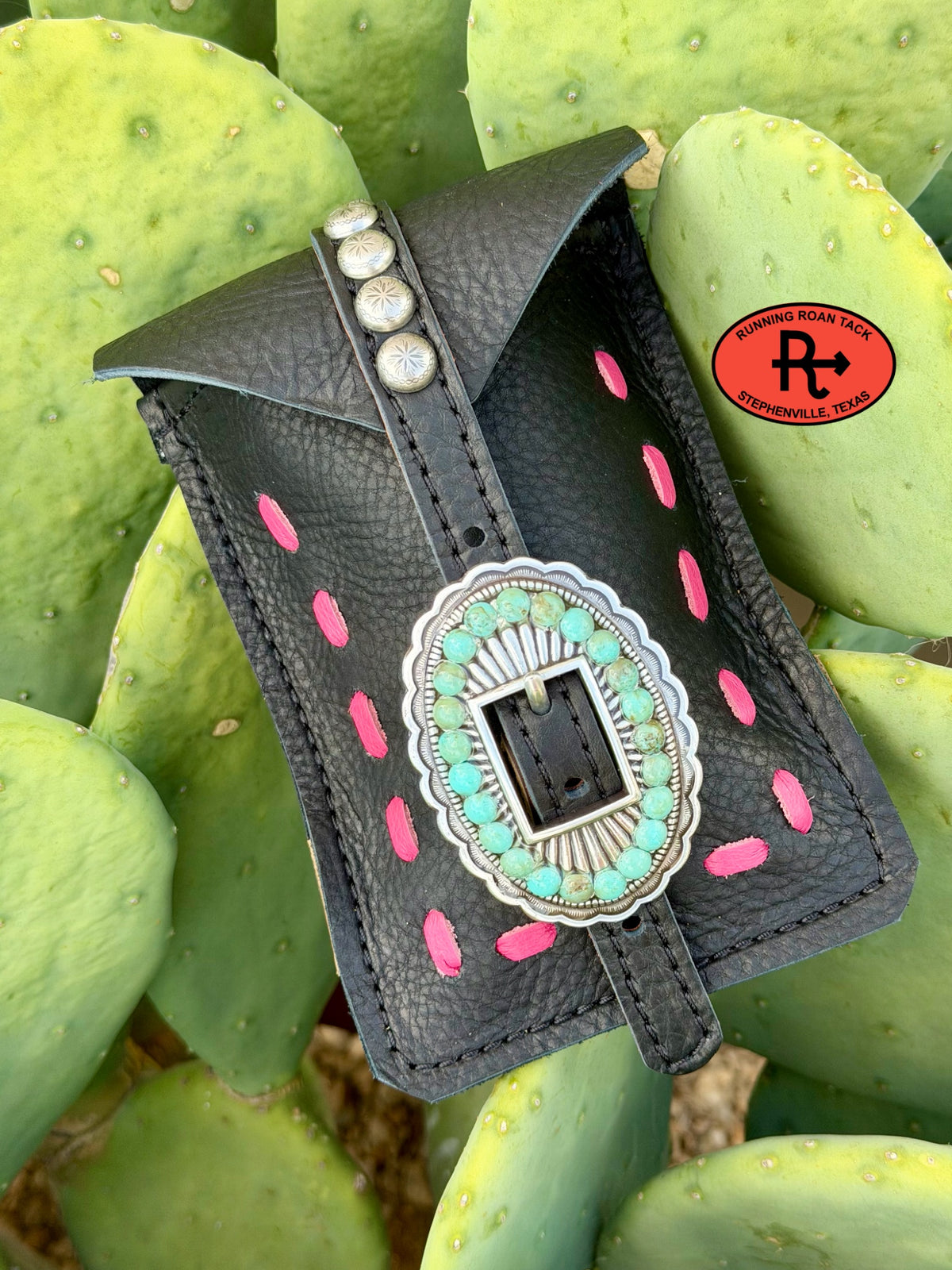 Black Leather Mini Saddle Bag with Pink Pop Stitch and Turquoise Stone Buckle for Phone, Keys, Roping Powder, etc Minibag09072026-13