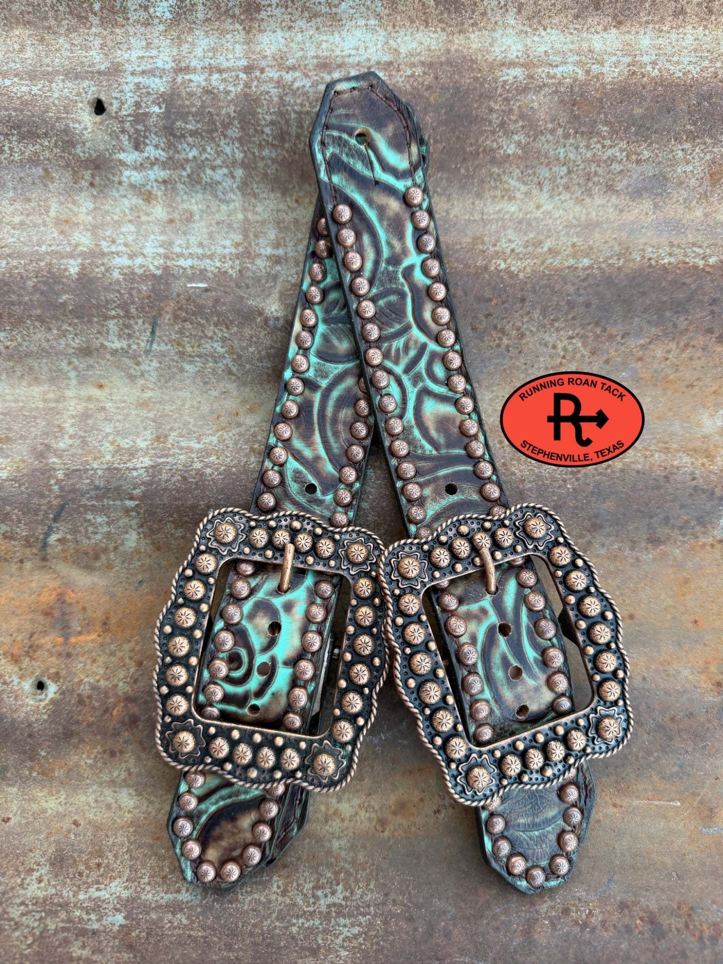 Turquoise Floral Belt Style Spur Straps with Copper Buckles spurstraps08032026-04