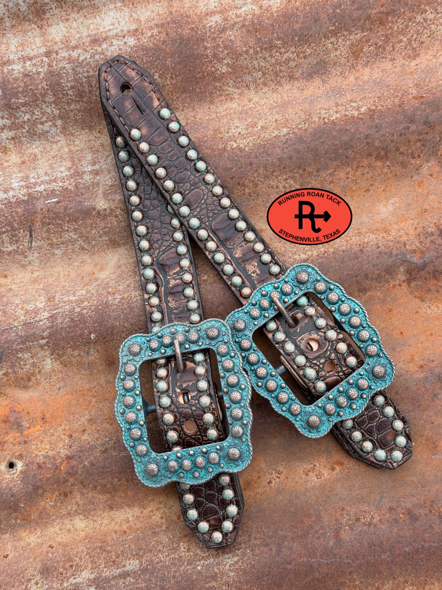 Dark Brown Croc Belt Style Spur Straps with Copper Patina Buckles spurstraps09072026-01