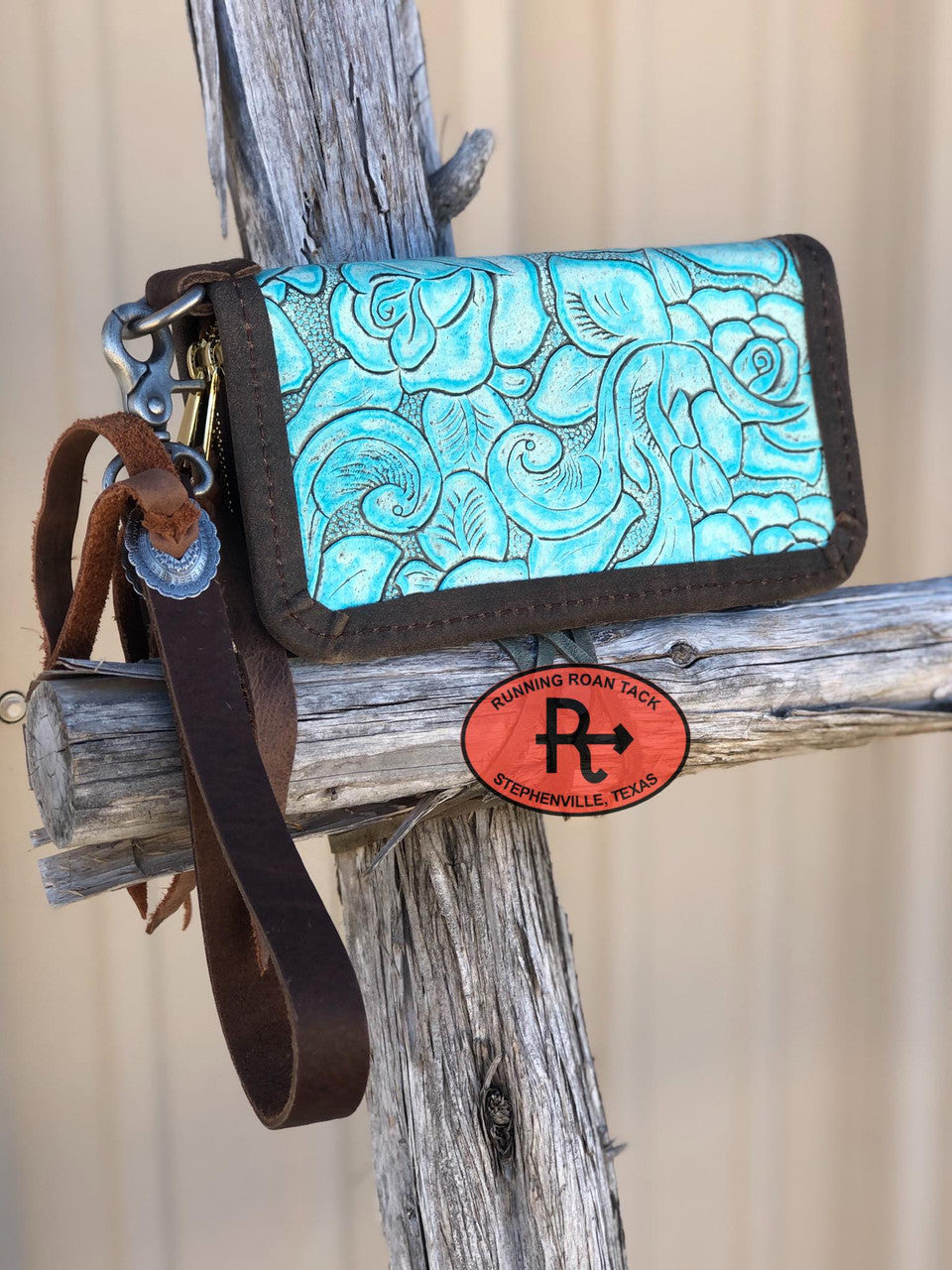 "The Pecos" Double Zip Wallet Wristlet Organizer Clutch in Aquamarine Rose