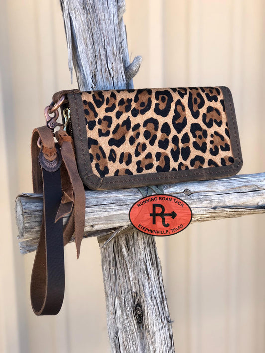 "The Pecos" Double Zip Wallet Wristlet Organizer Clutch in Leopard Cowhide