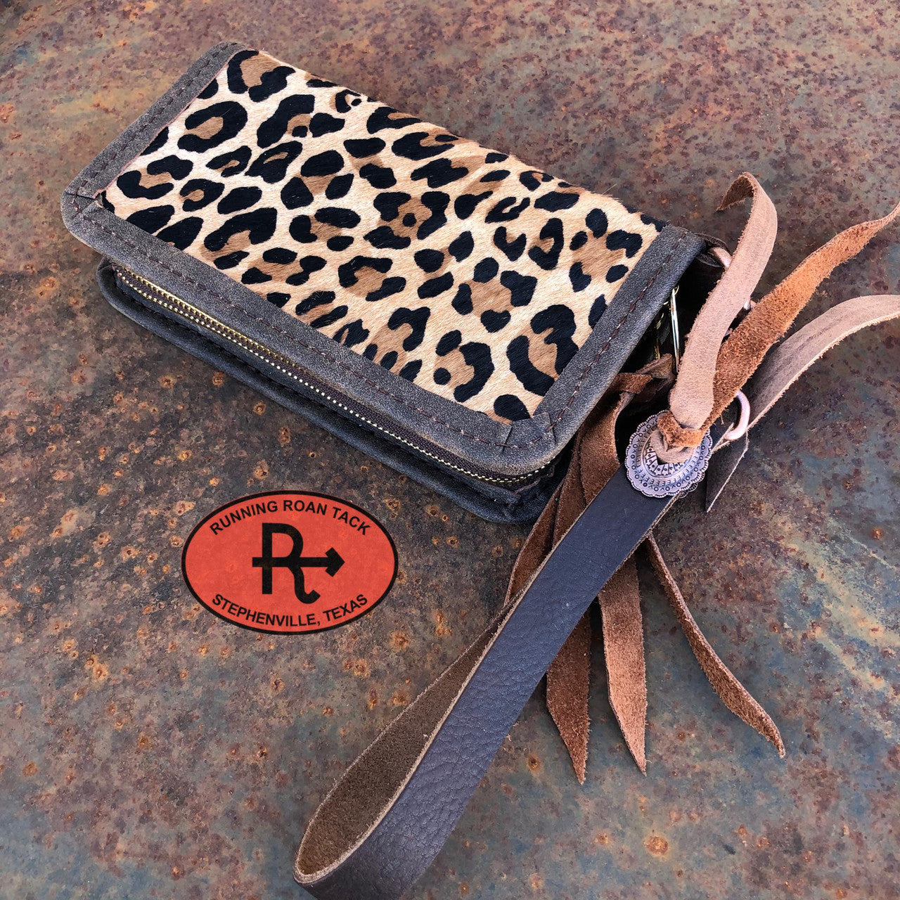 "The Pecos" Double Zip Wallet Wristlet Organizer Clutch in Leopard Cowhide