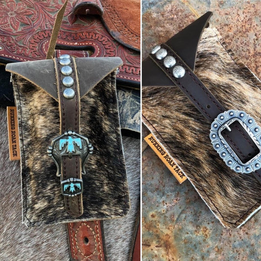 Light Brindle Cowhide Mini Saddle Bag with Your Choice of Buckle and Fringe for Phone, Keys, Roping Powder, etc