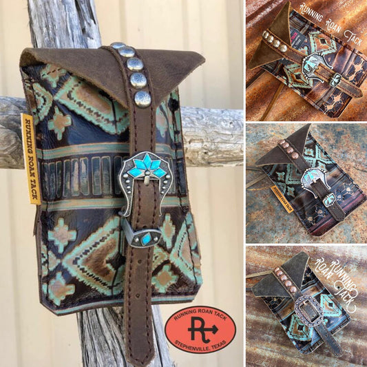 Turquoise Aztec Mini Saddle Bag with Your Choice of Buckle and Fringe for Phone, Keys, Roping Powder, etc