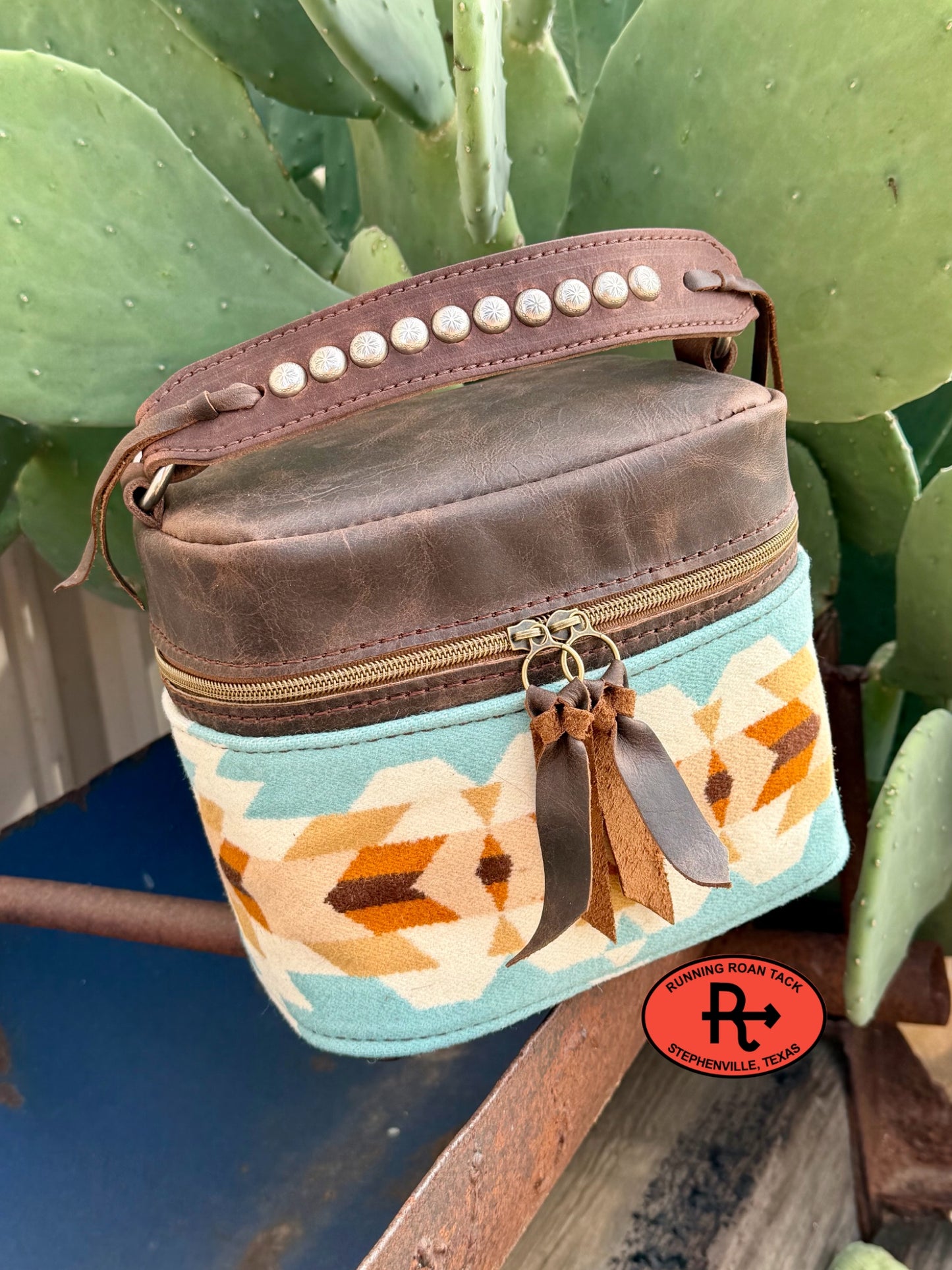 Brown Leather with Rancho Arroyo Aqua Wool Train Case for Makeup, Toiletries, etc traincase07062026-09