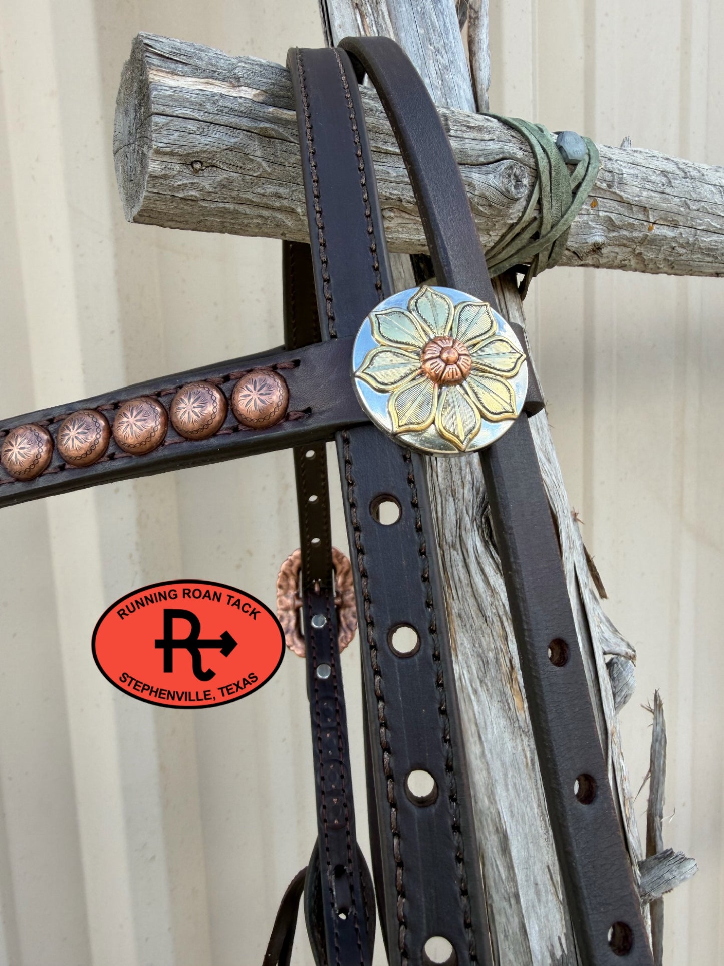 Chocolate Short Cheek Futurity Knot Headstall with Quick Change Pineapple Knots and Floral Hardware 29”-37” Headstall09072026-15