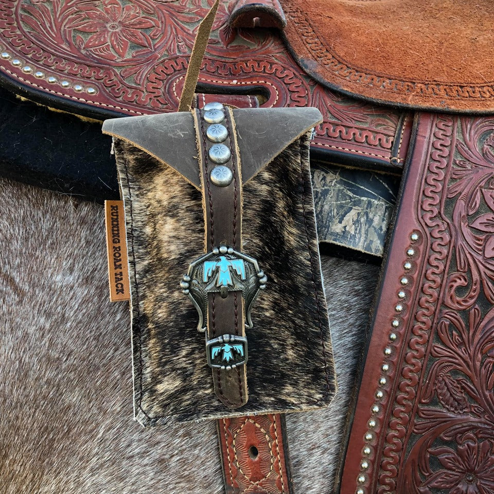 Dark Brindle Cowhide Mini Saddle Bag with Your Choice of Buckle and Fringe for Phone, Keys, Roping Powder, etc