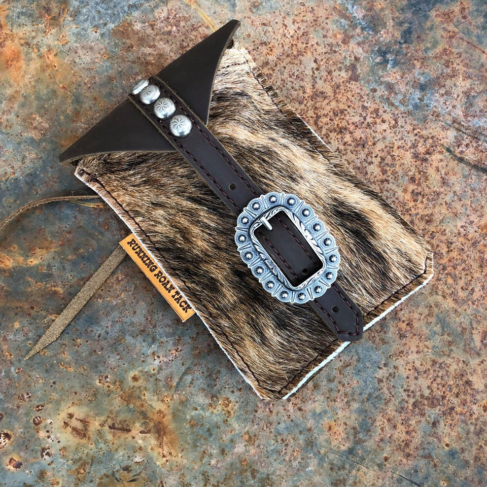 Dark Brindle Cowhide Mini Saddle Bag with Your Choice of Buckle and Fringe for Phone, Keys, Roping Powder, etc