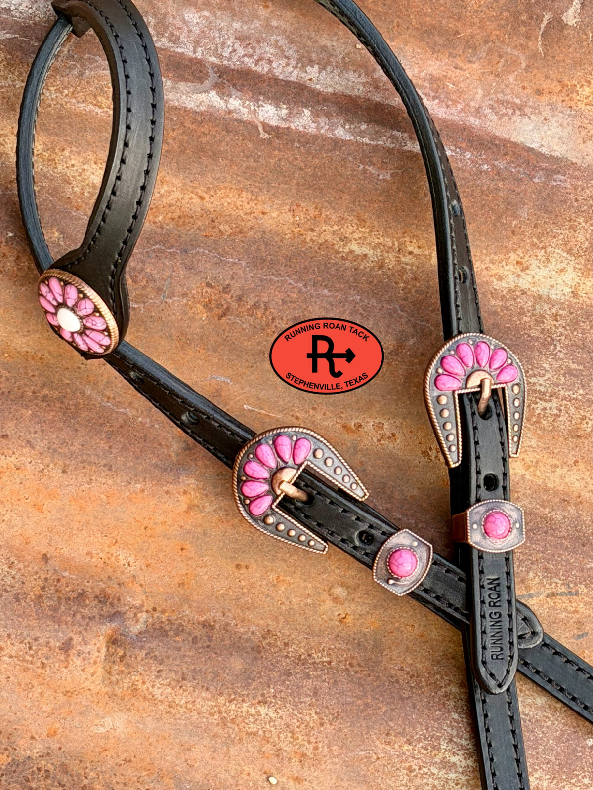 Black Single Ear Headstall with Pink Quick Change Pineapple Knots and Pink Cabochon Hardware 36”-43” Headstall10052026-19