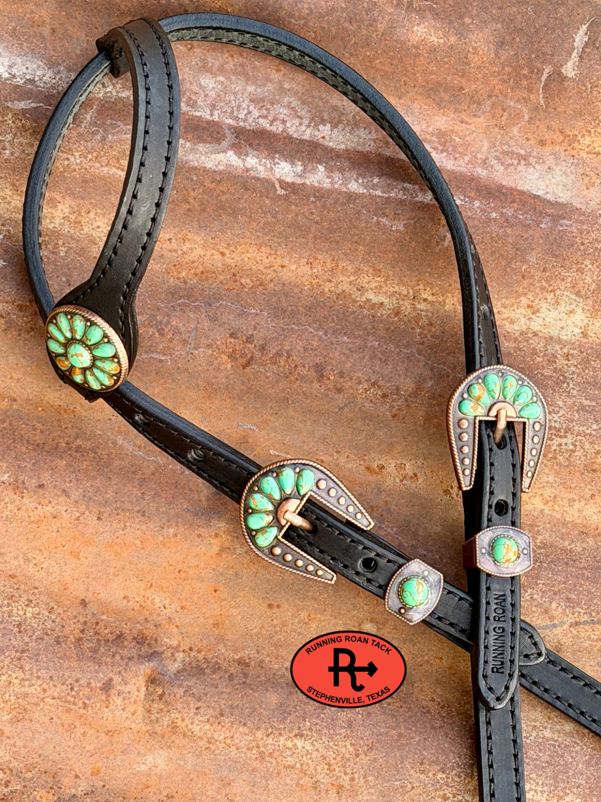 Black Single Ear Headstall with Quick Change Pineapple Knots and Minty Green Cabochon Hardware 36”-43” Headstall10052026-18