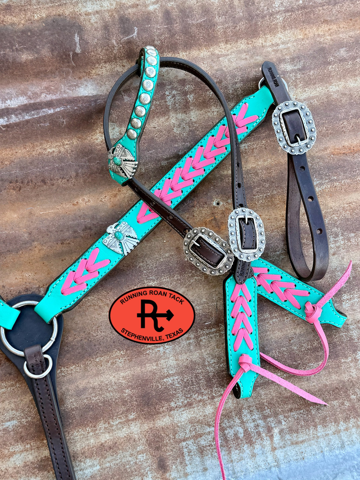 Turquoise Tack Set with Pink Lacing and Southwest Hardware *Buy one piece or both pieces* Set09072026-04