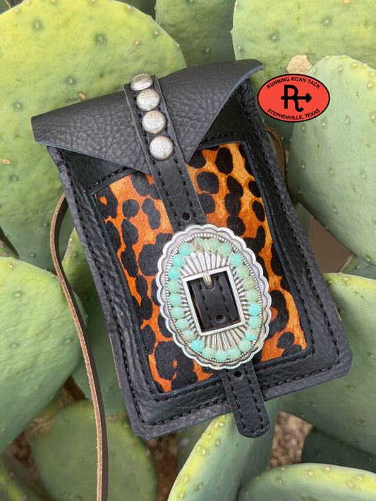 Black Leather Mini Saddle Bag with Leopard Inlay and Turquoise Stone Buckle for Phone, Keys, Roping Powder, etc Minibag09072026-04