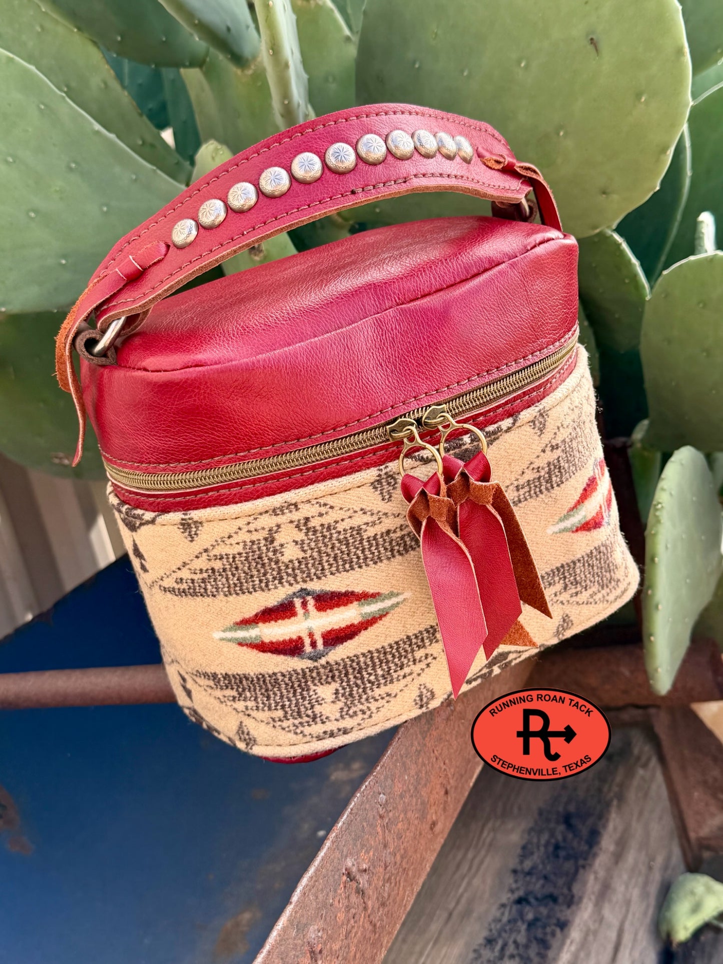 Scarlet Red Leather with Spirit of the People Wool Train Case for Makeup, Toiletries, etc traincase07062026-10