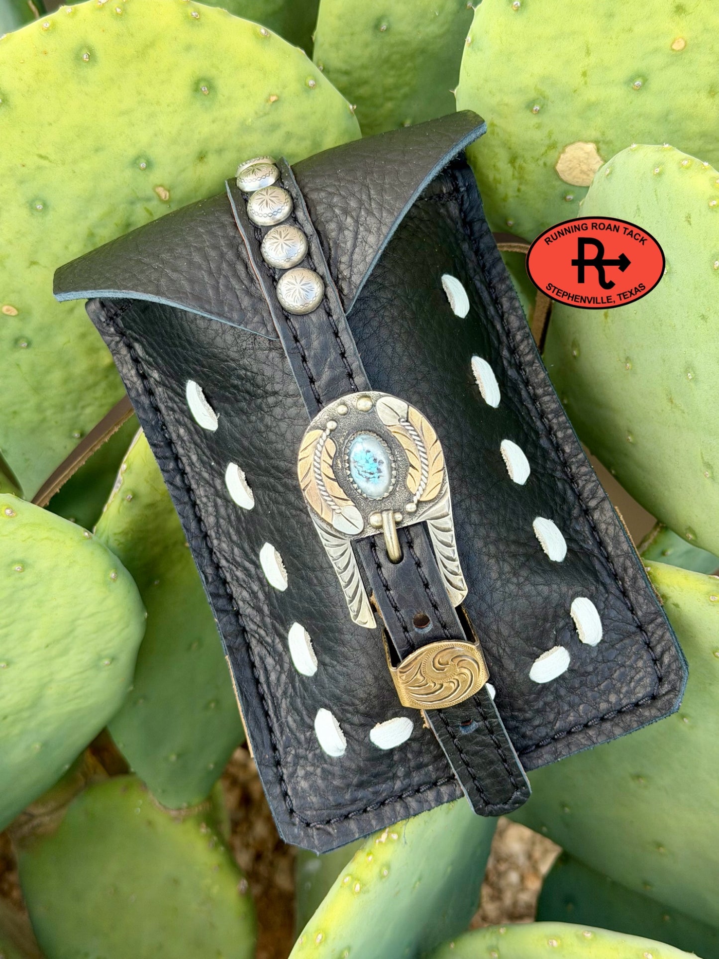 Black Leather Mini Saddle Bag with White Pop Stitch and German Silver Buckle for Phone, Keys, Roping Powder, etc Minibag09072026-14